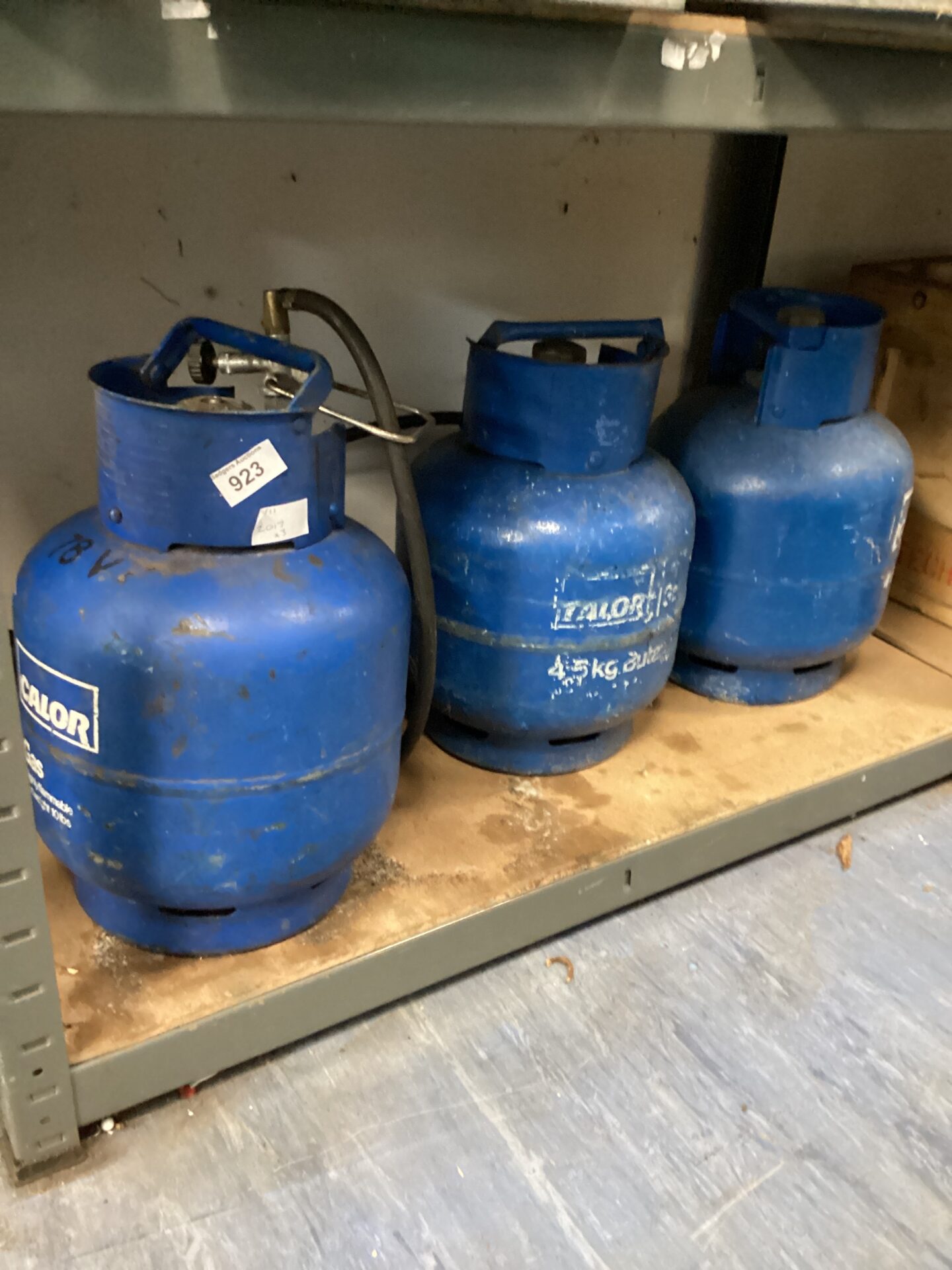 923 Three Calor Gas Bottles with Blow Torch Fitting Badgers Auctions