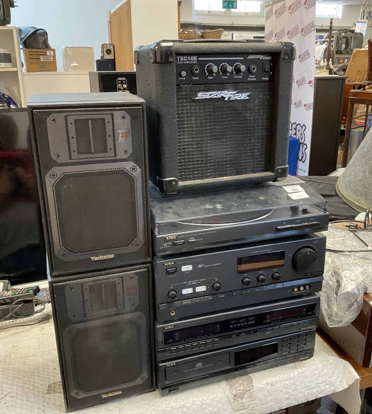 Aiwa stereo component system with technics speakers & starfire guitar