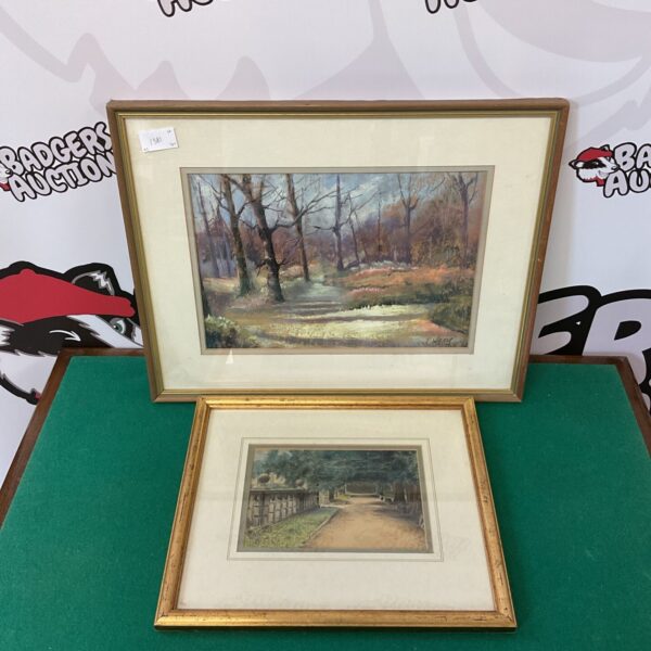 Vintage J Walker pastel artwork of a wooded driveway in spring.