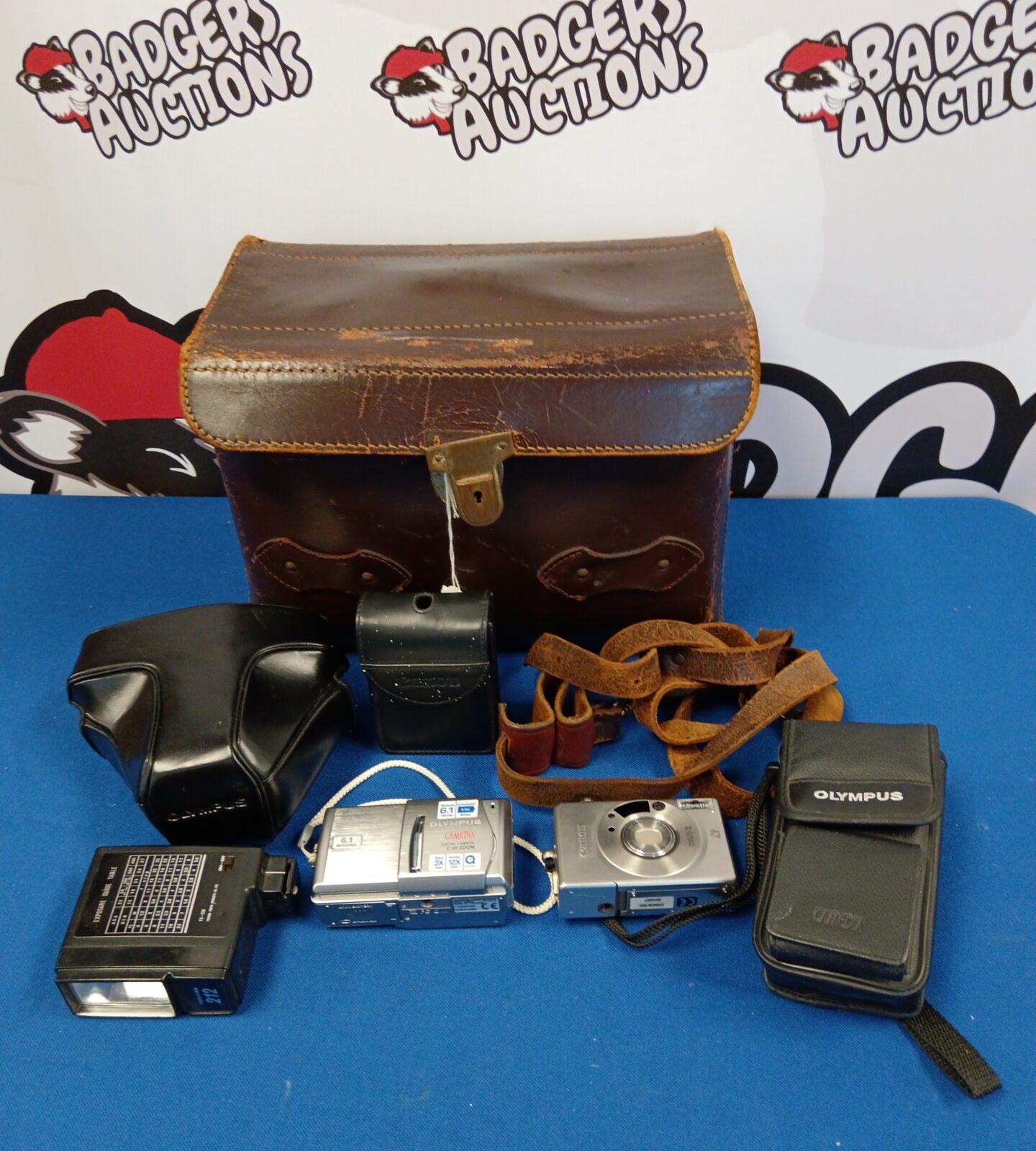 Vintage leather camera bag with cameras including Olympus & canon