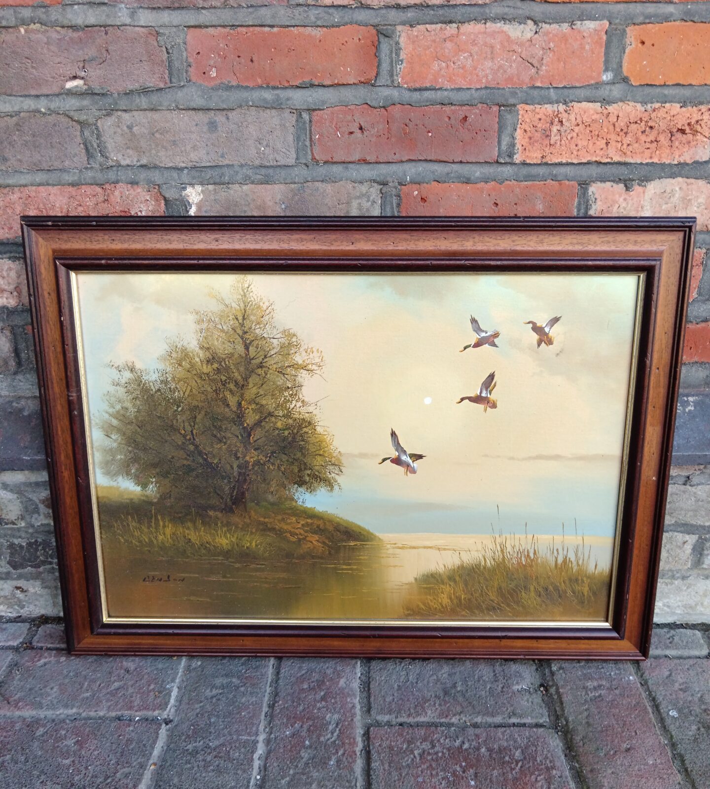 Artist signed Oil painting of lake scene ducks in flight