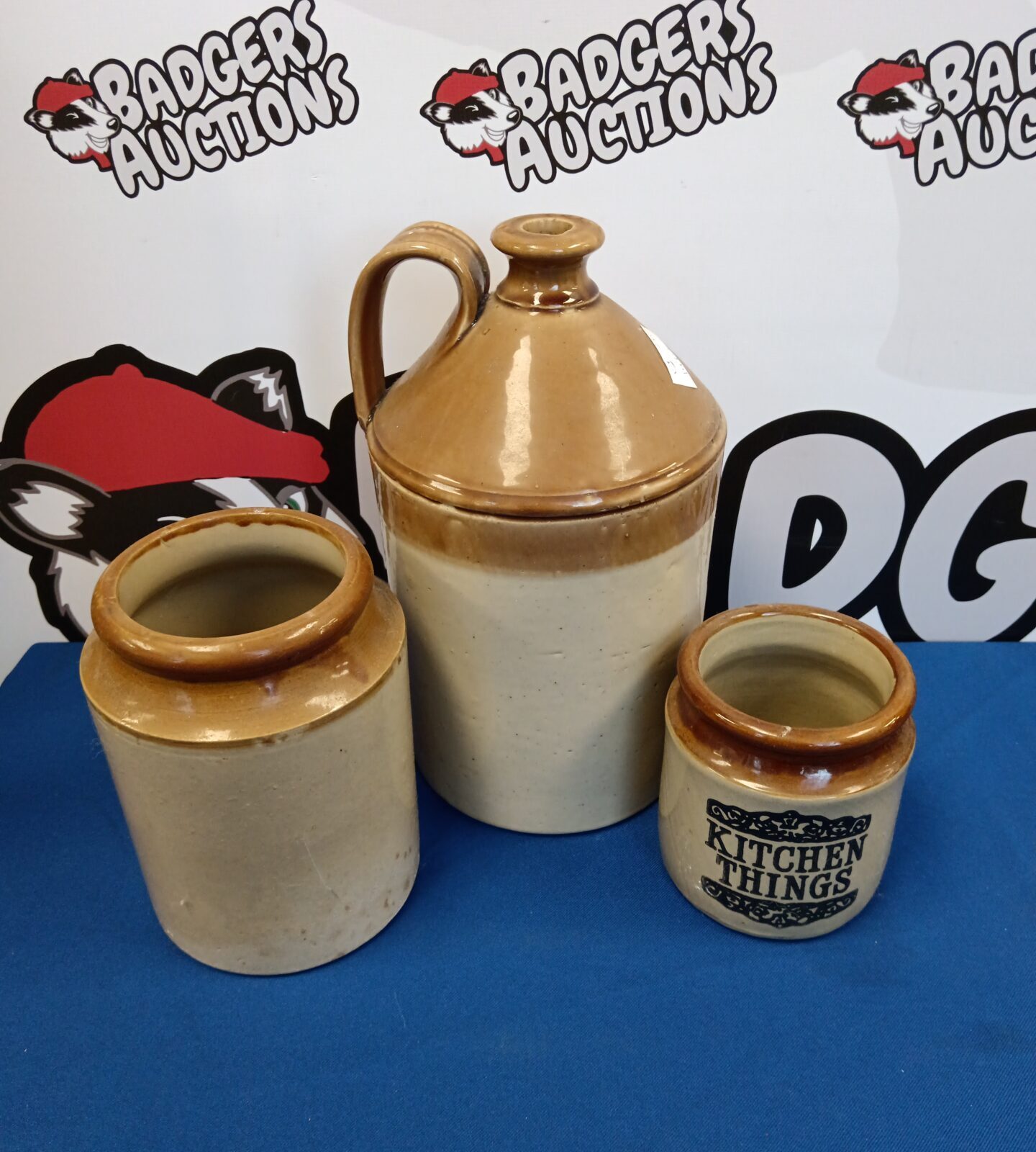 Large salt glazed flagon & two jars