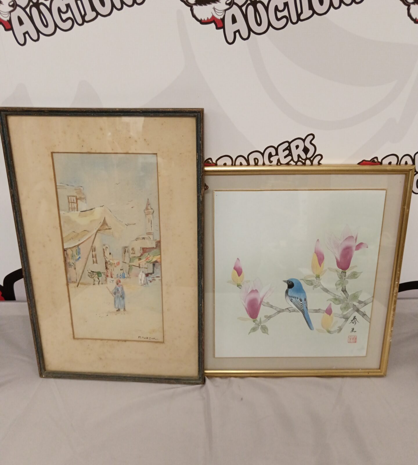 M marshall middle eastern scene watercolour & signed Chinese watercolour of bird on branch