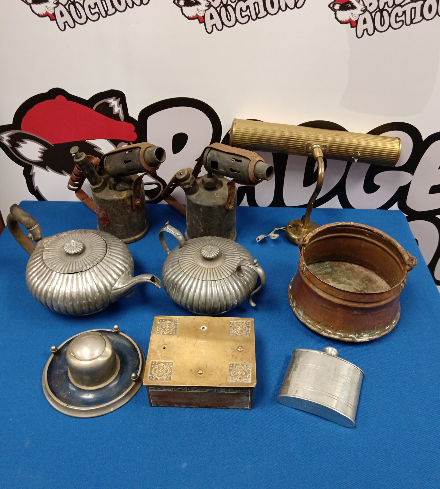 Box of mixed metalware including small copper cauldron & two blow lamps