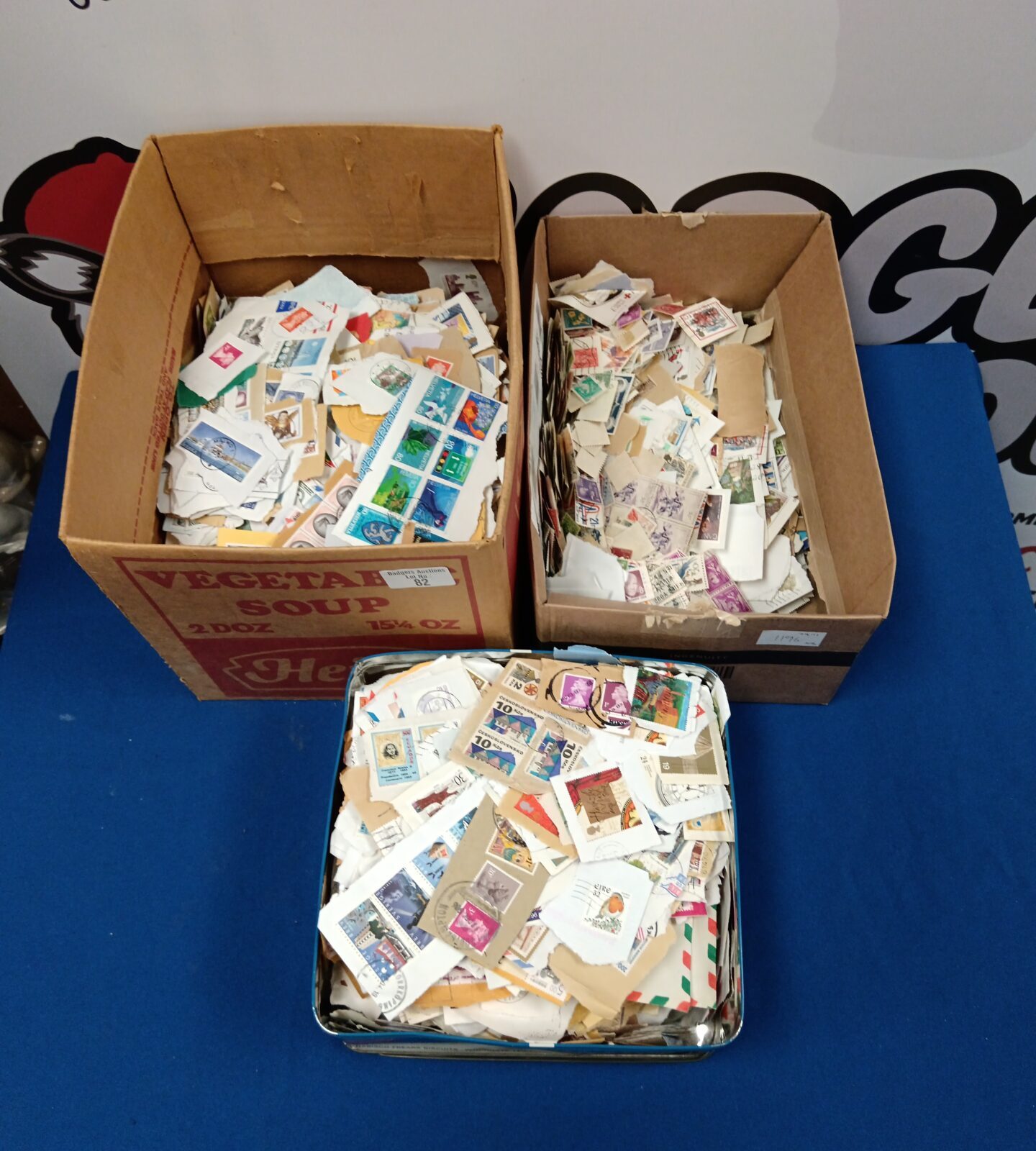 Two boxes & tin of stamps