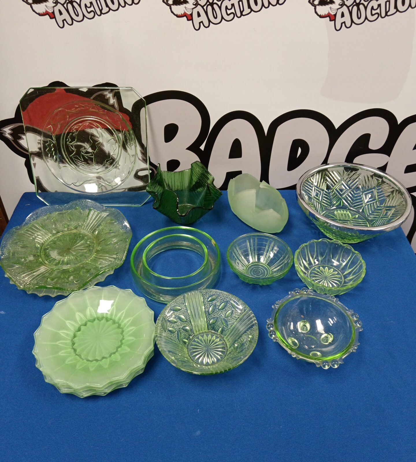 Collection of vintage green glass bowls, plates & dishes