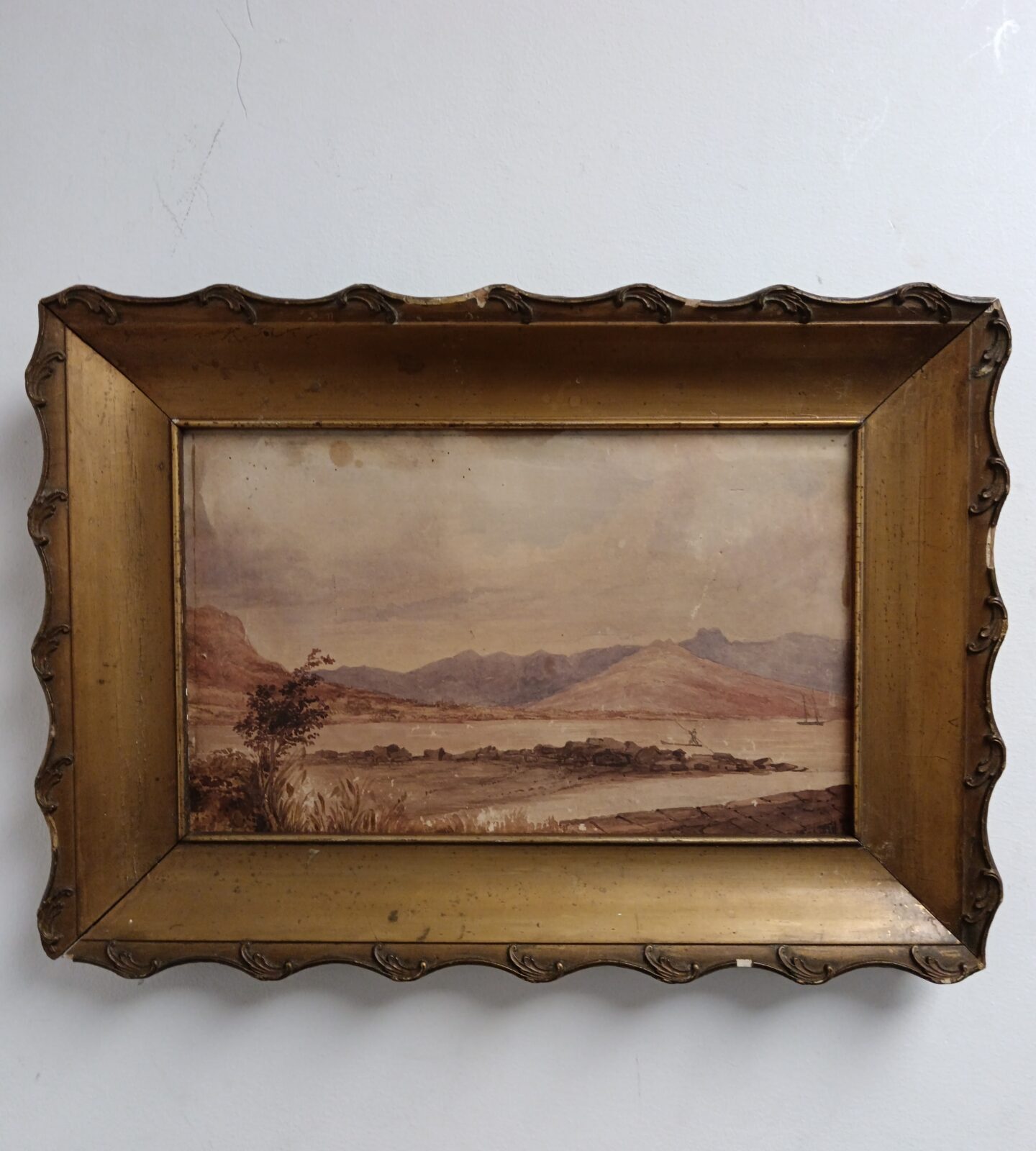 Victorian 1848 watercolour of mountain lake scene in gilt framed