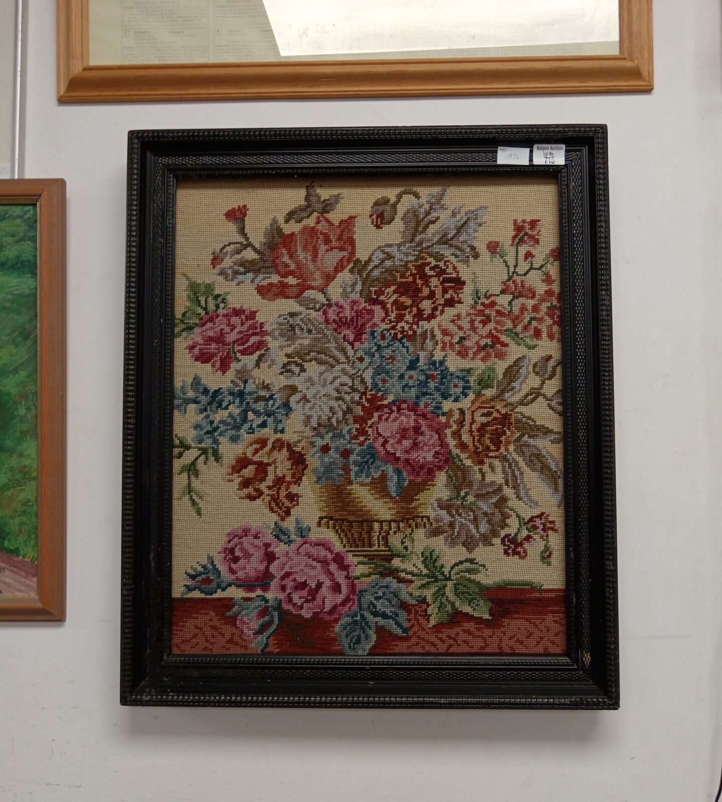 Large still life embroidery of flowers in vase