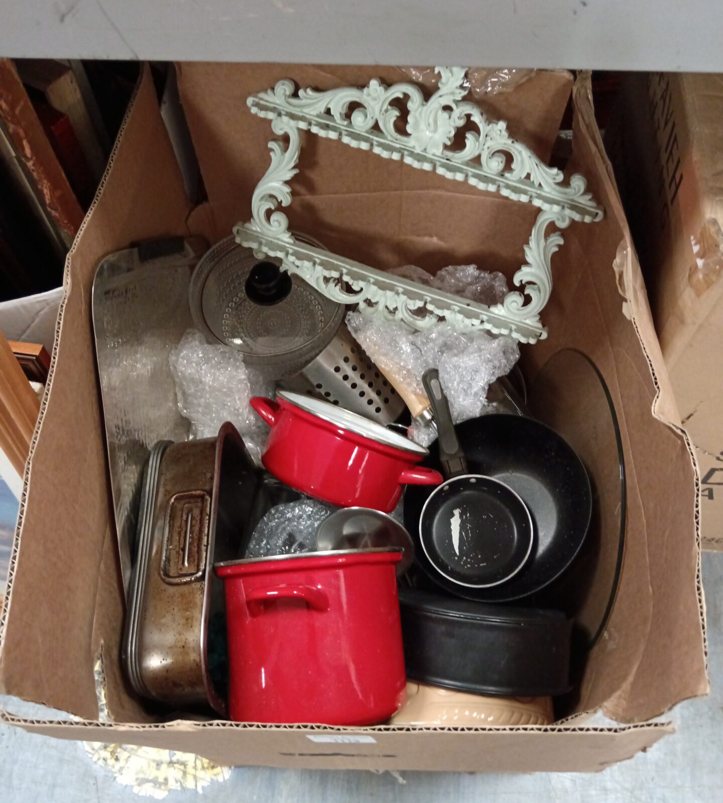 Large box of kitchenware including enameled pots