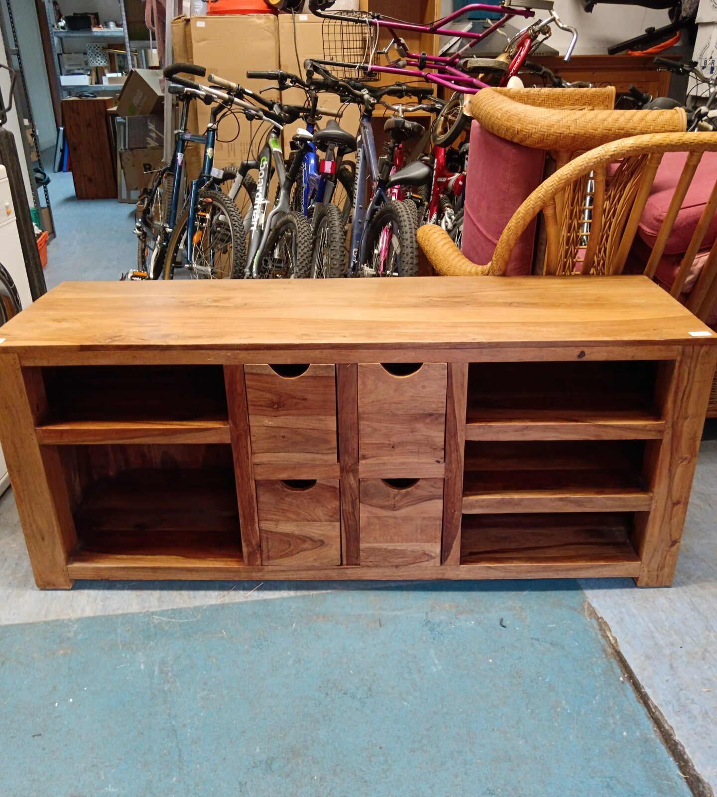 Large Indian oak media cabinet with drawers