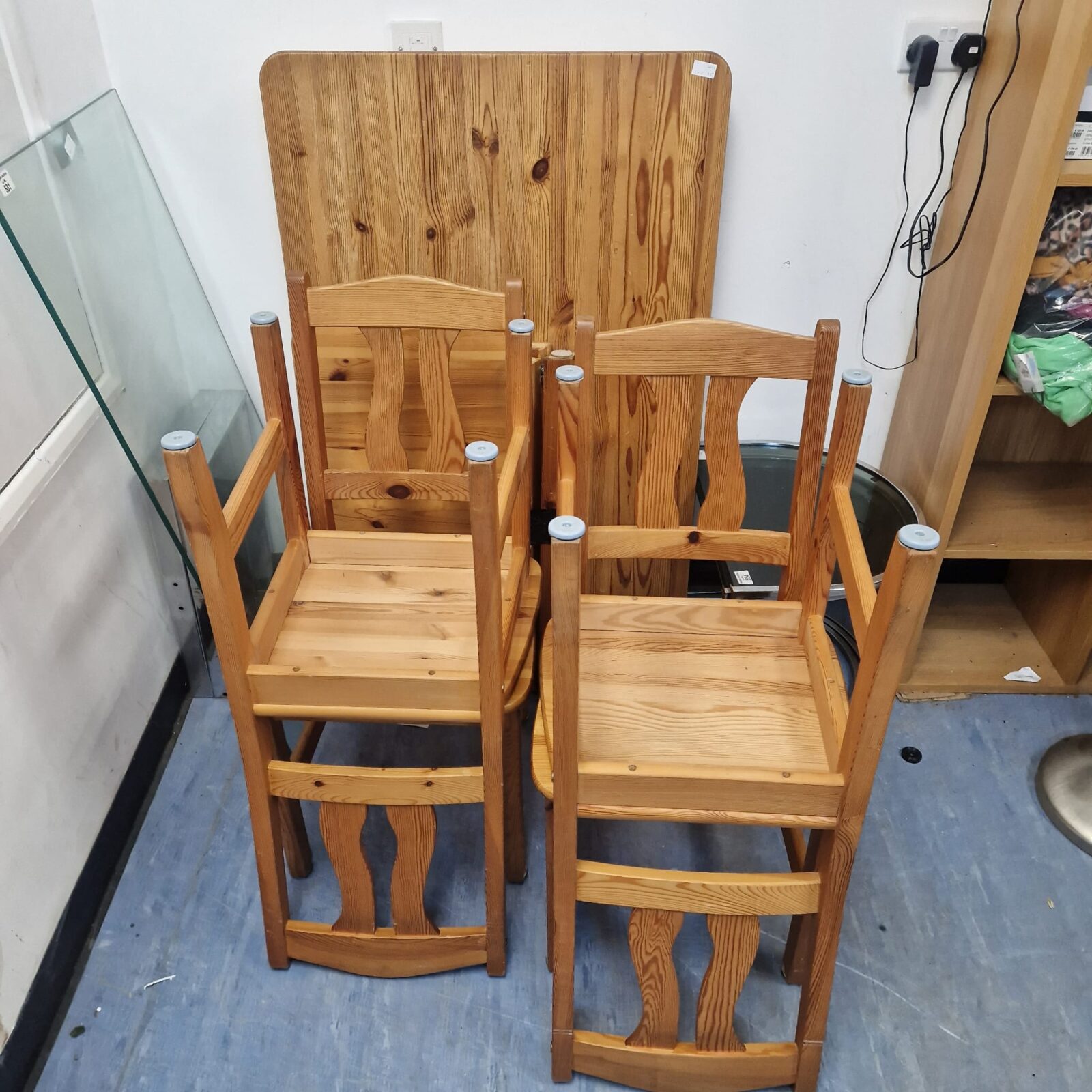 Pine dining table and four pine chairs