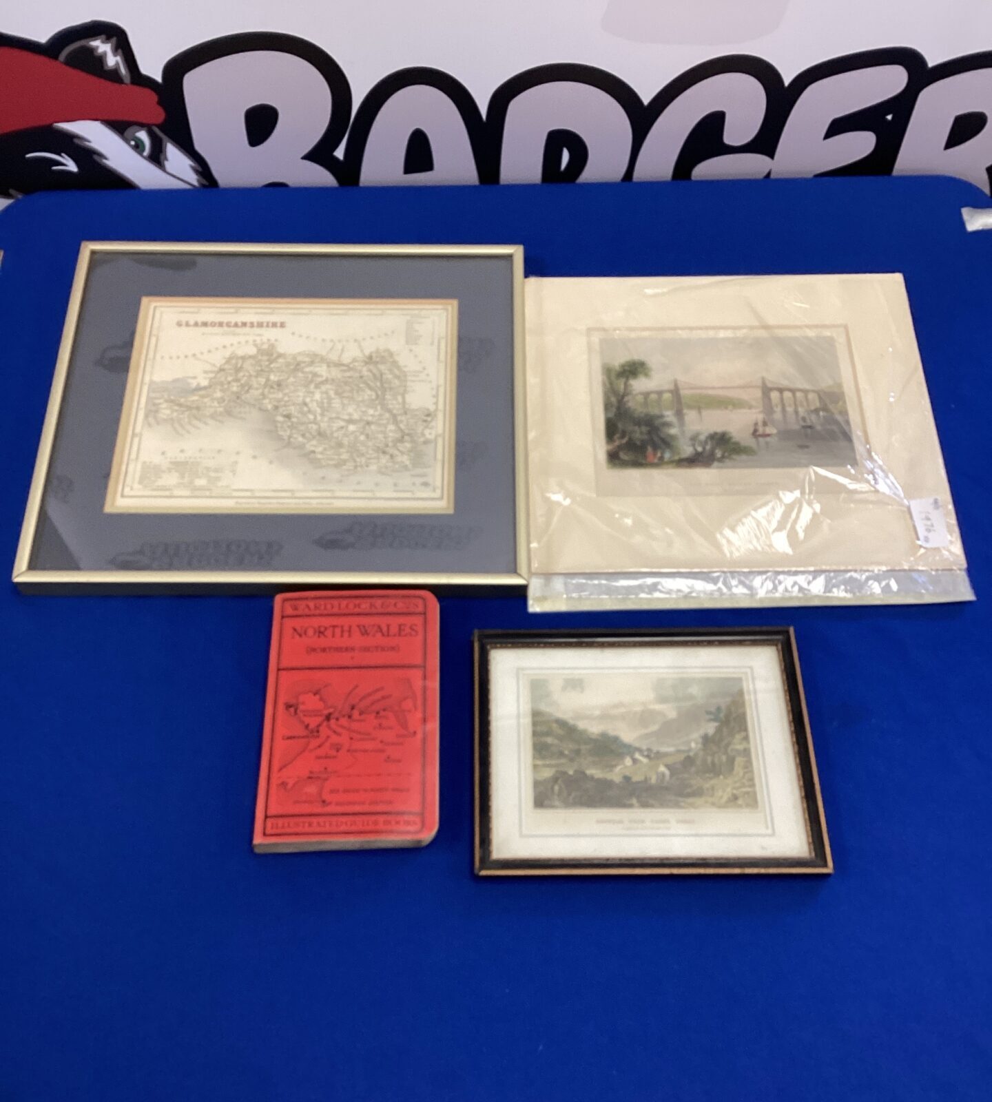 two maps of Glamorgan one framed north wales guide and two other prints