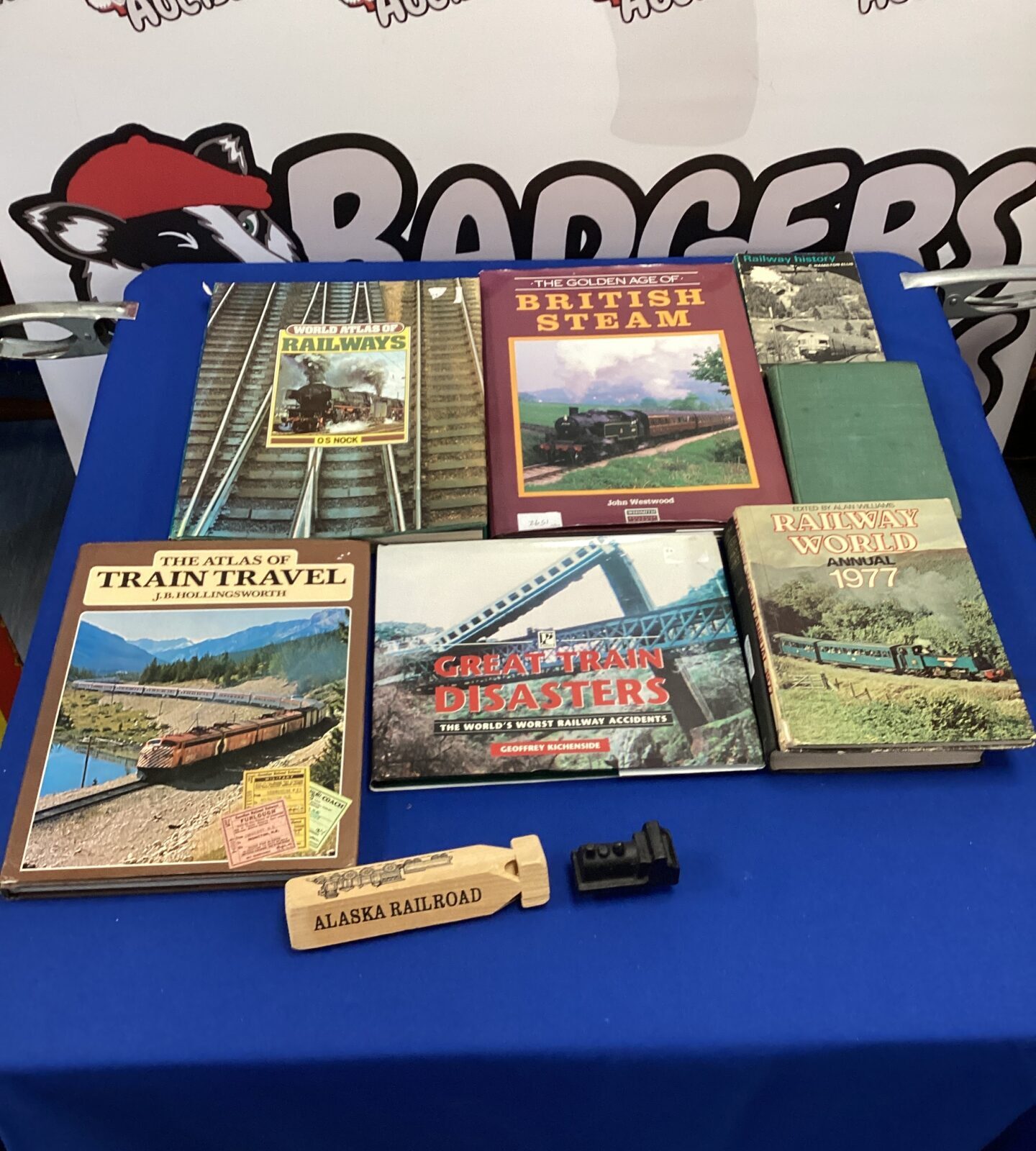 Collection railway books with train and whistle