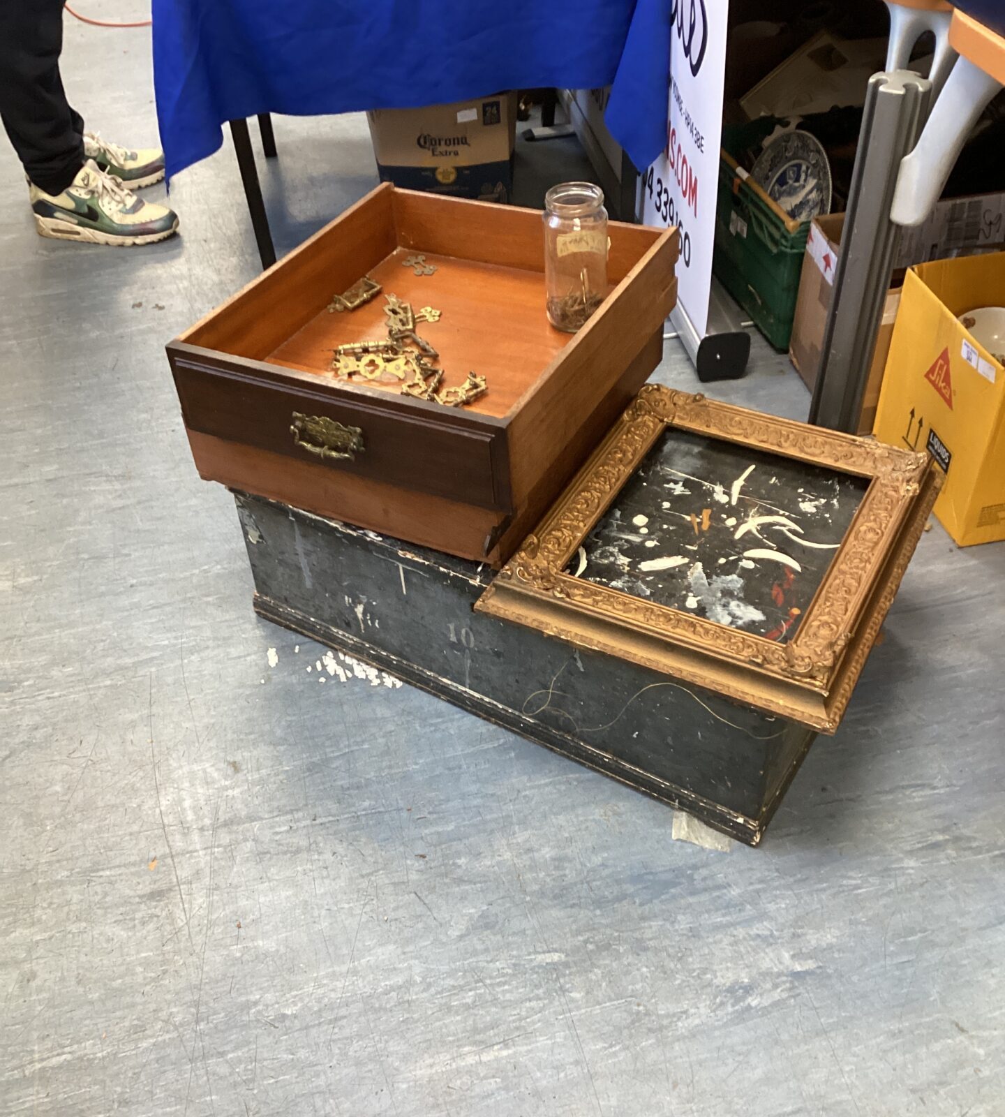 Vintage wooden tool box, brass hanles and picture frame