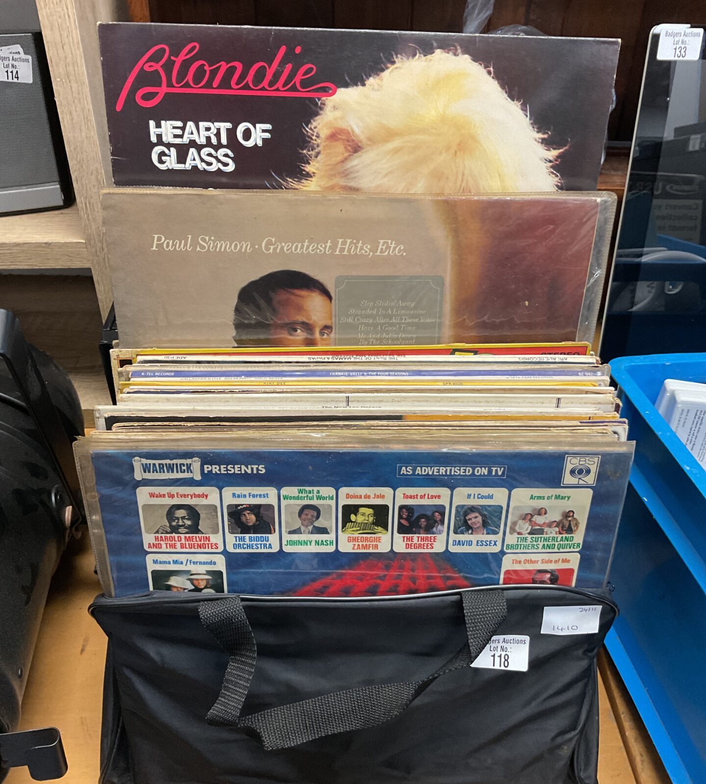 Collection of 12” vinyl records including Blondie and Paul Simons