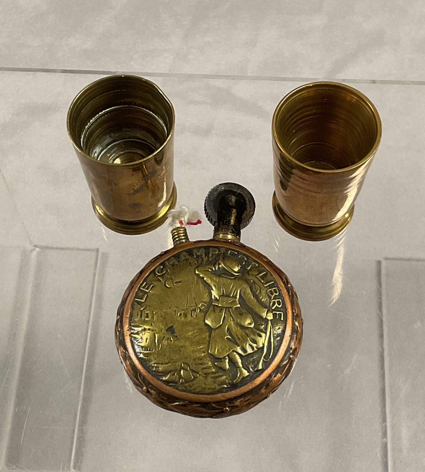 WW1 French copper and brass trench art lighter and two shot cup