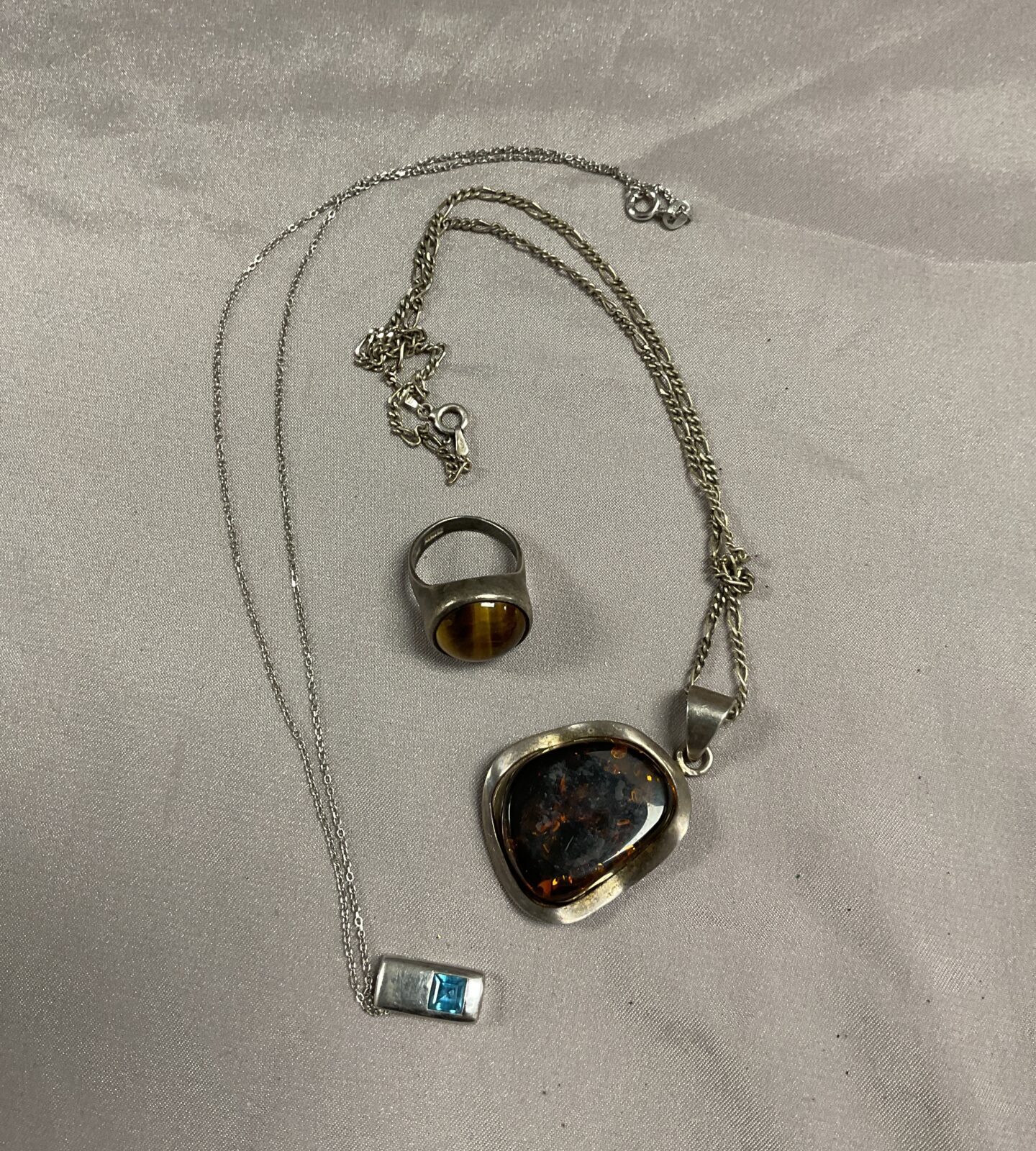 925 silver Amber pendant necklace with 925 silver tigers eye ring and a silver pendant necklace