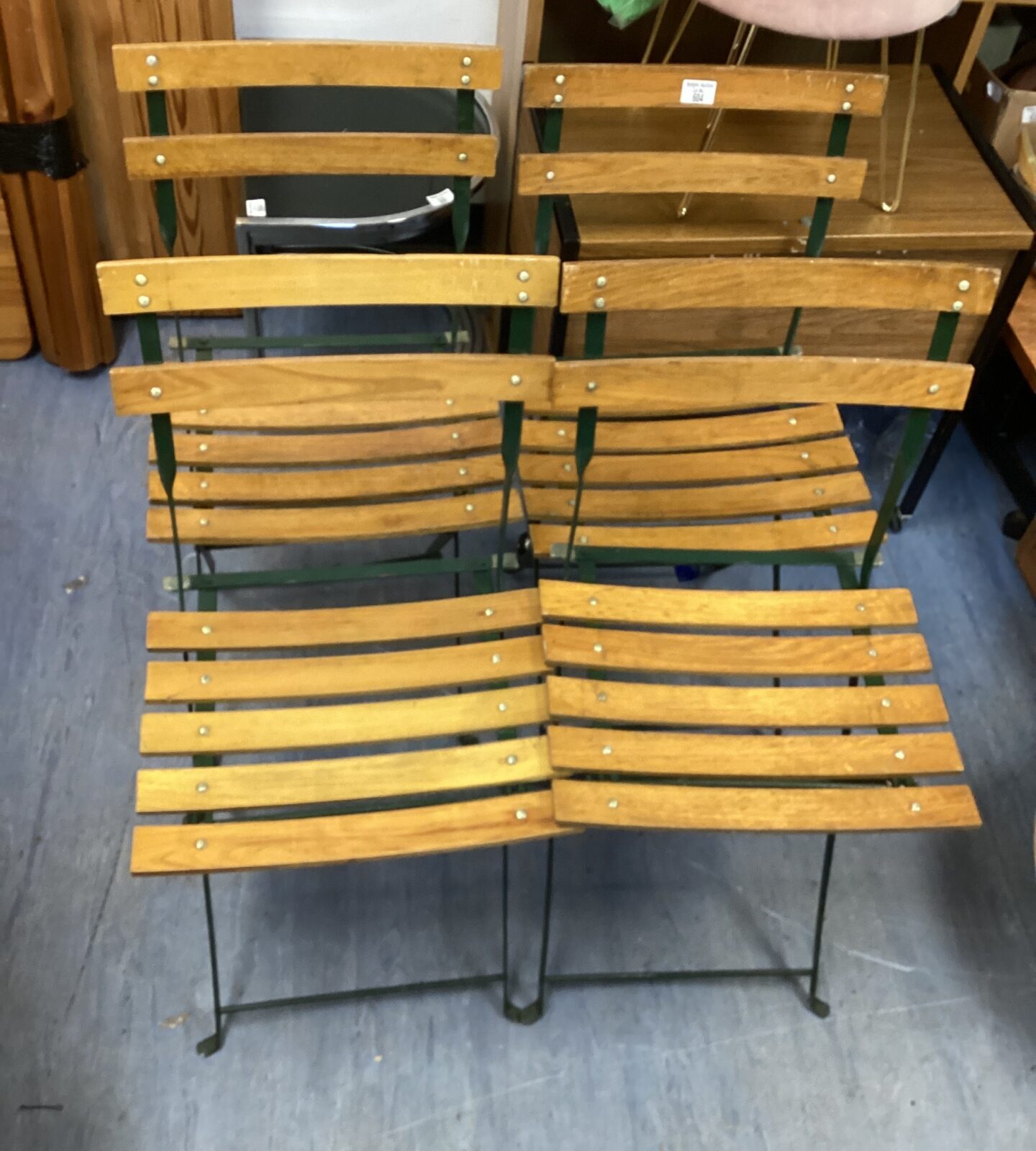 Four folding wooden & metal framed chairs