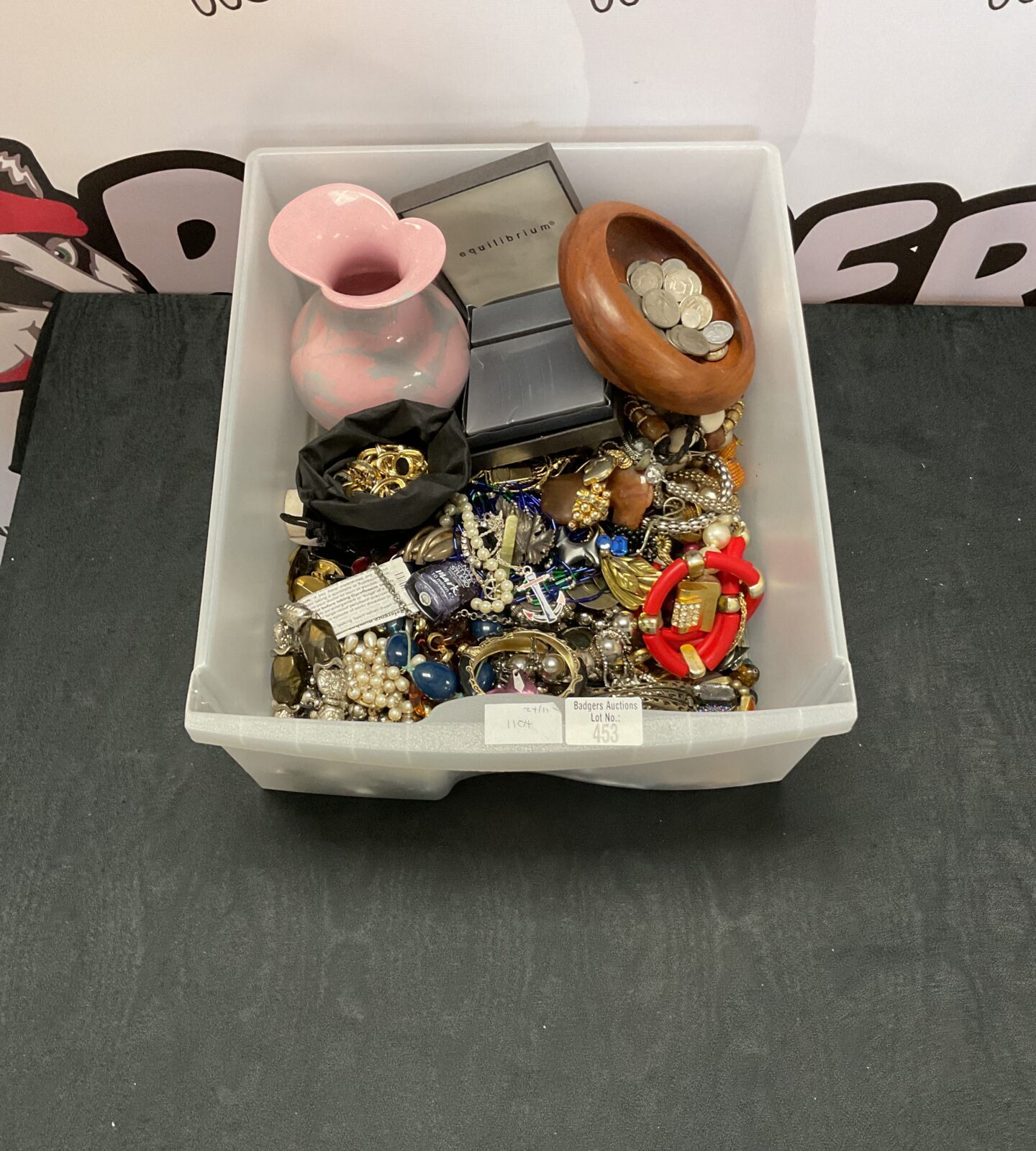 Box of mixed costume jewellery inc wooden bowl with coins and floral vase