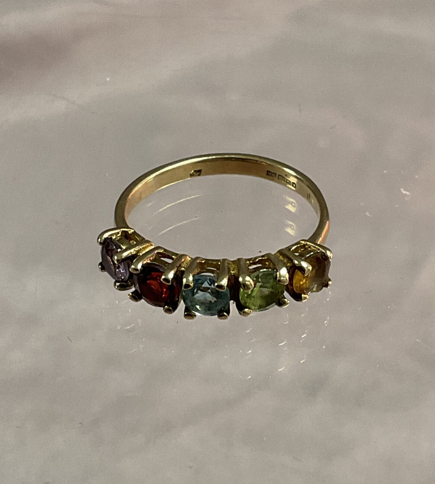 9ct gold five colour stone set ring size M