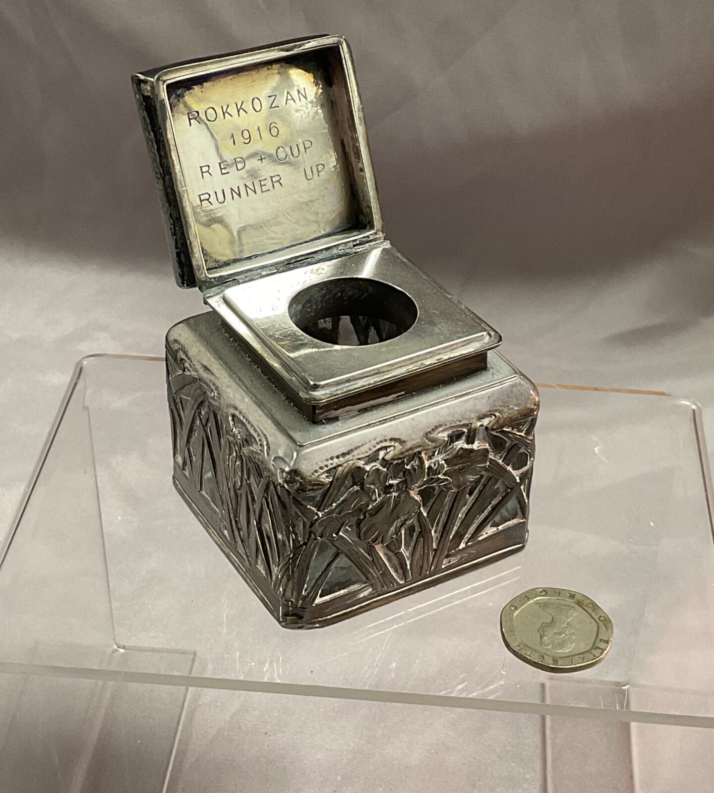 Sterling silver art nouveau glass inkwell