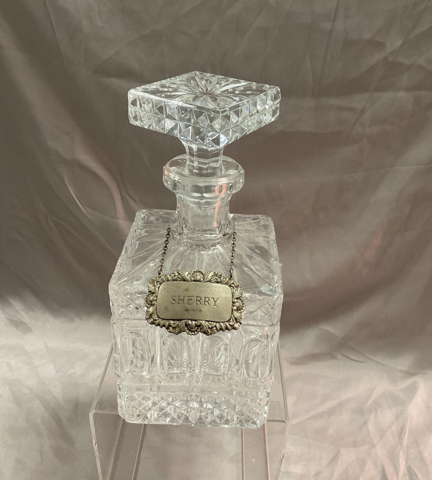 Crystal decanter with hallmarked silver sherry label