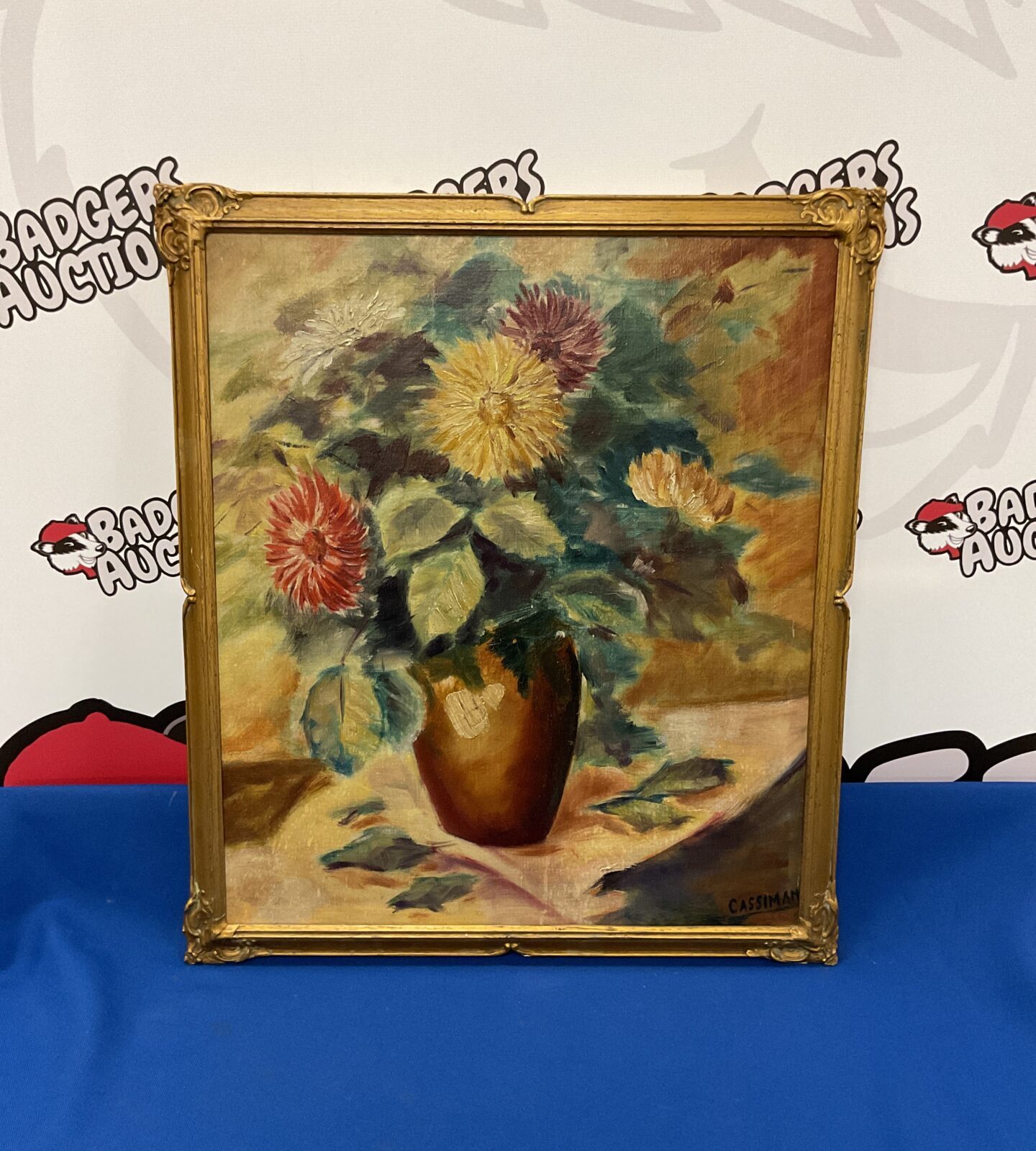 cassiman 1940s oil painting still life of flowers in vase