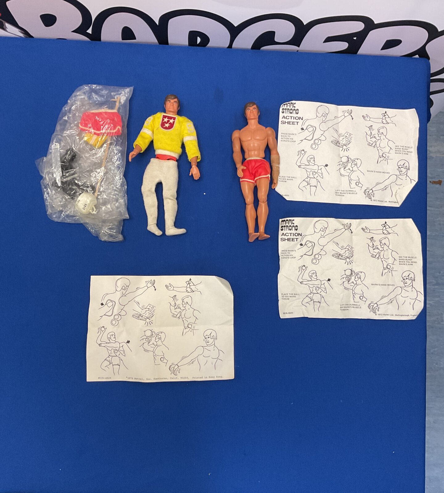 Vintage 1971 meattel mark strong action figures with accessories and action sheets