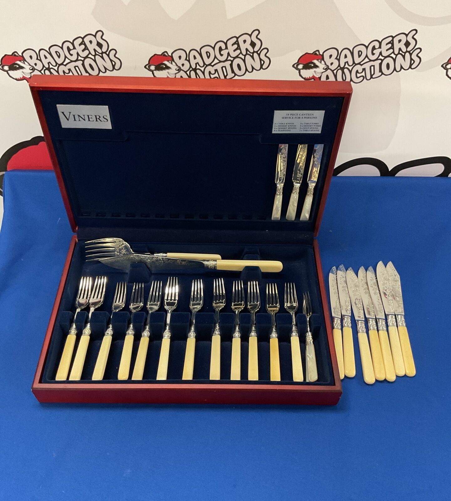 Case of a & d s bone handled cutlery with sterling silver hallmarked cuffs