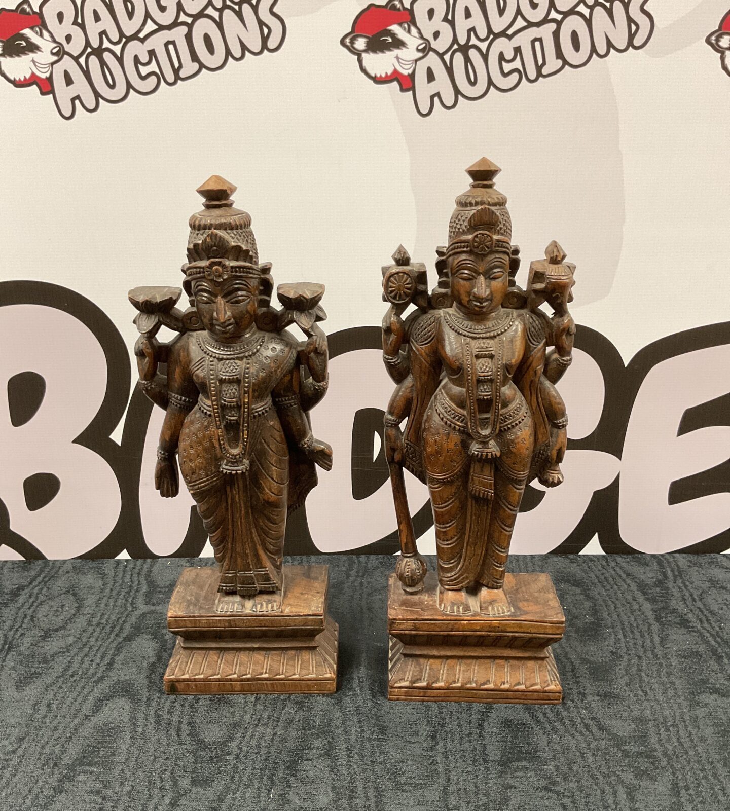 Pair of 12” carved wooden indian vishnu statues