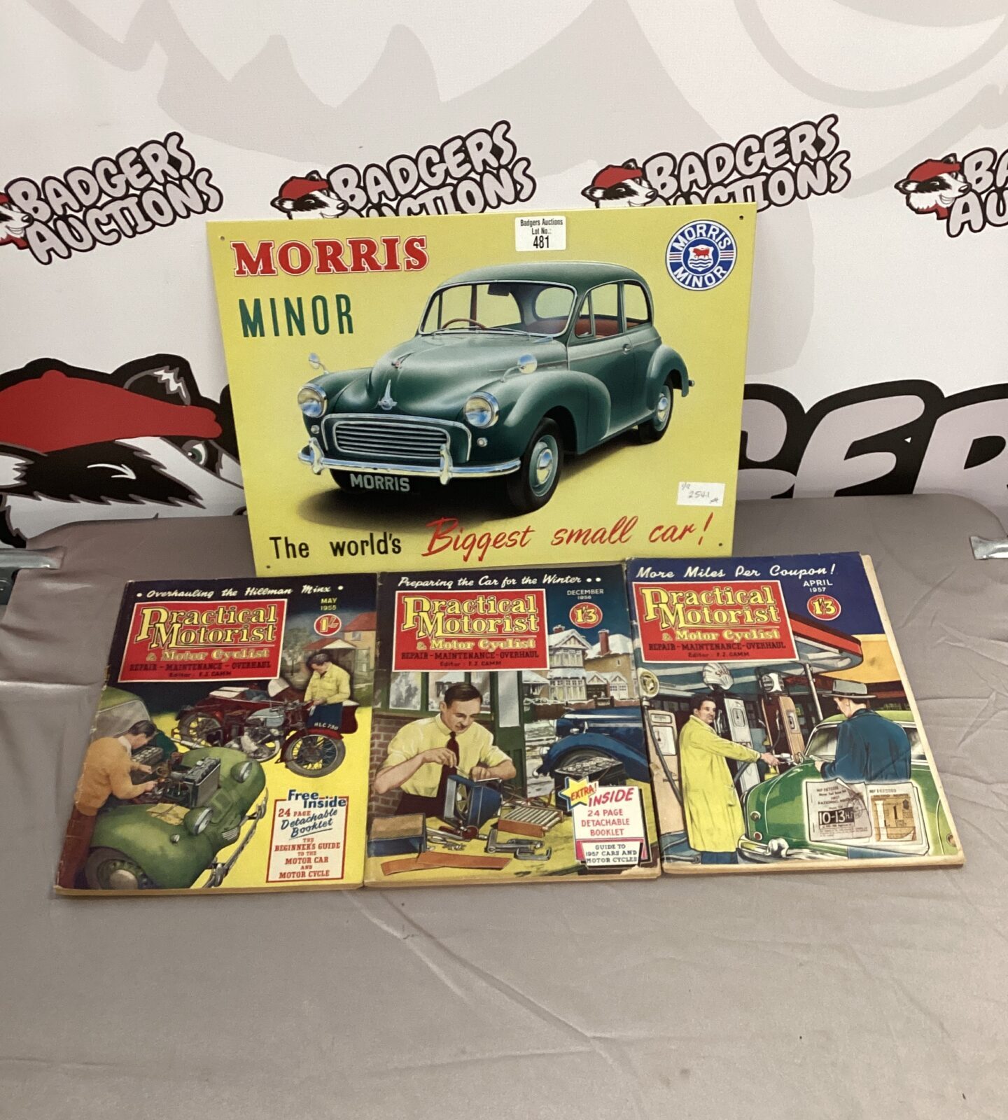 morris minor tin plaque and practical motorist mags