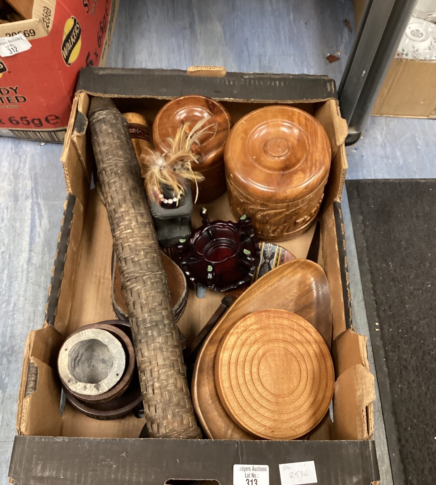 Selection of hand carved wooden items inc storage jars