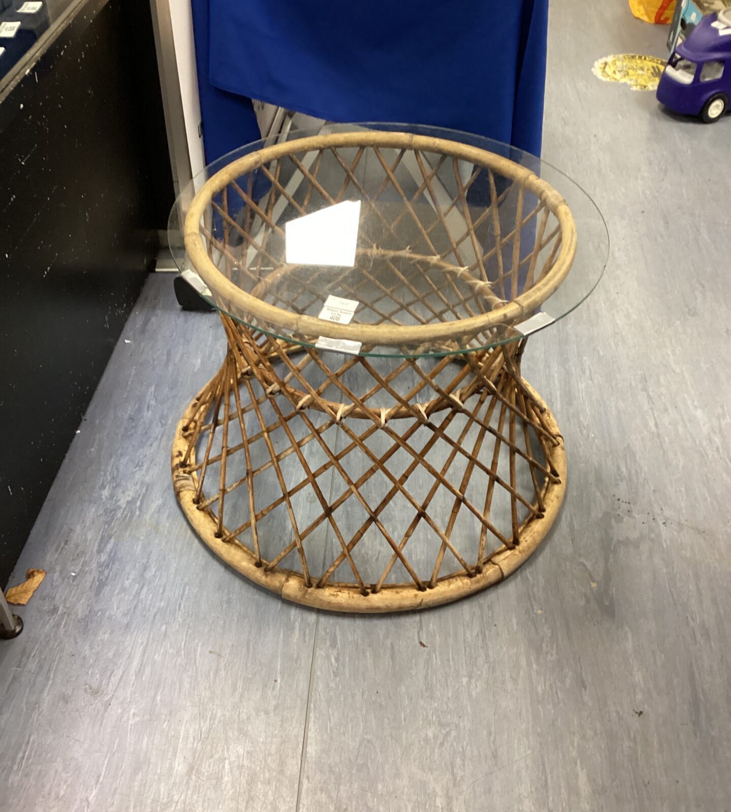 Vintage  Round Glass Topped wicker Table