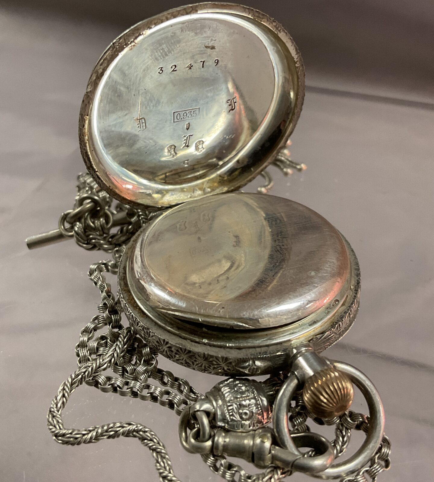 Antique 935 Silver Dimier Freres and Co Swiss ladies pocket watch with Albert chain - Image 2