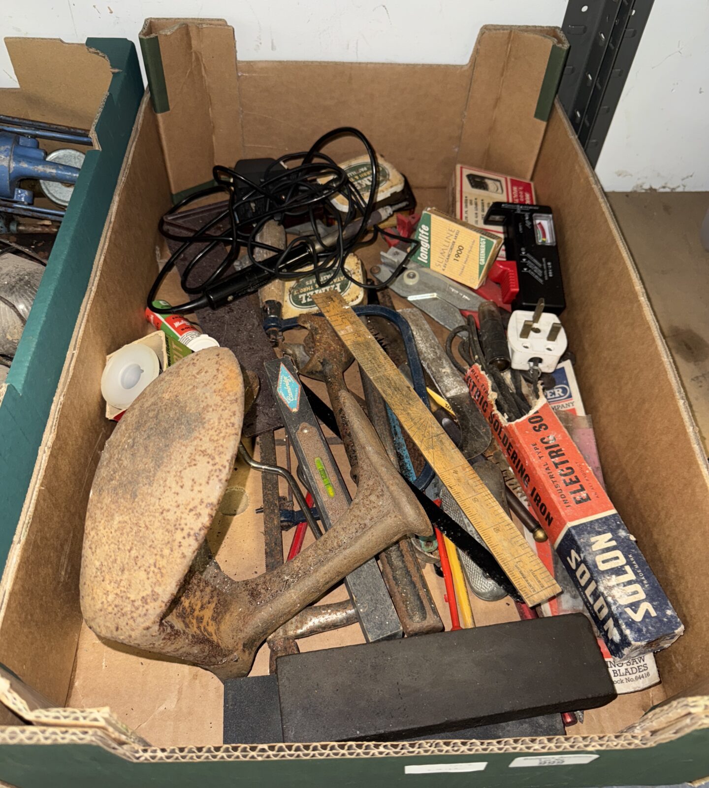 Tray of shed clearance items inc shoe last