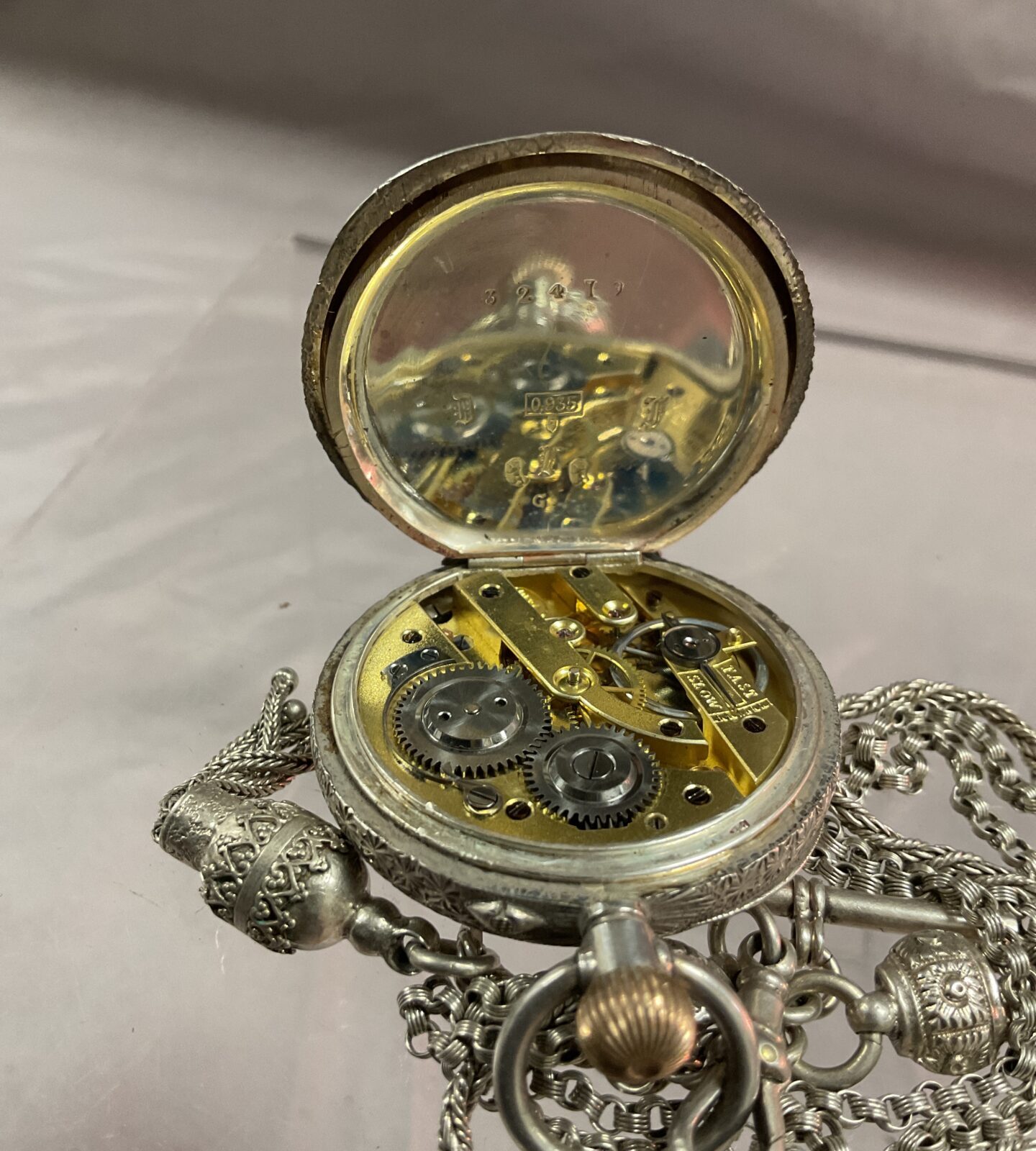 Antique 935 Silver Dimier Freres and Co Swiss ladies pocket watch with Albert chain - Image 3