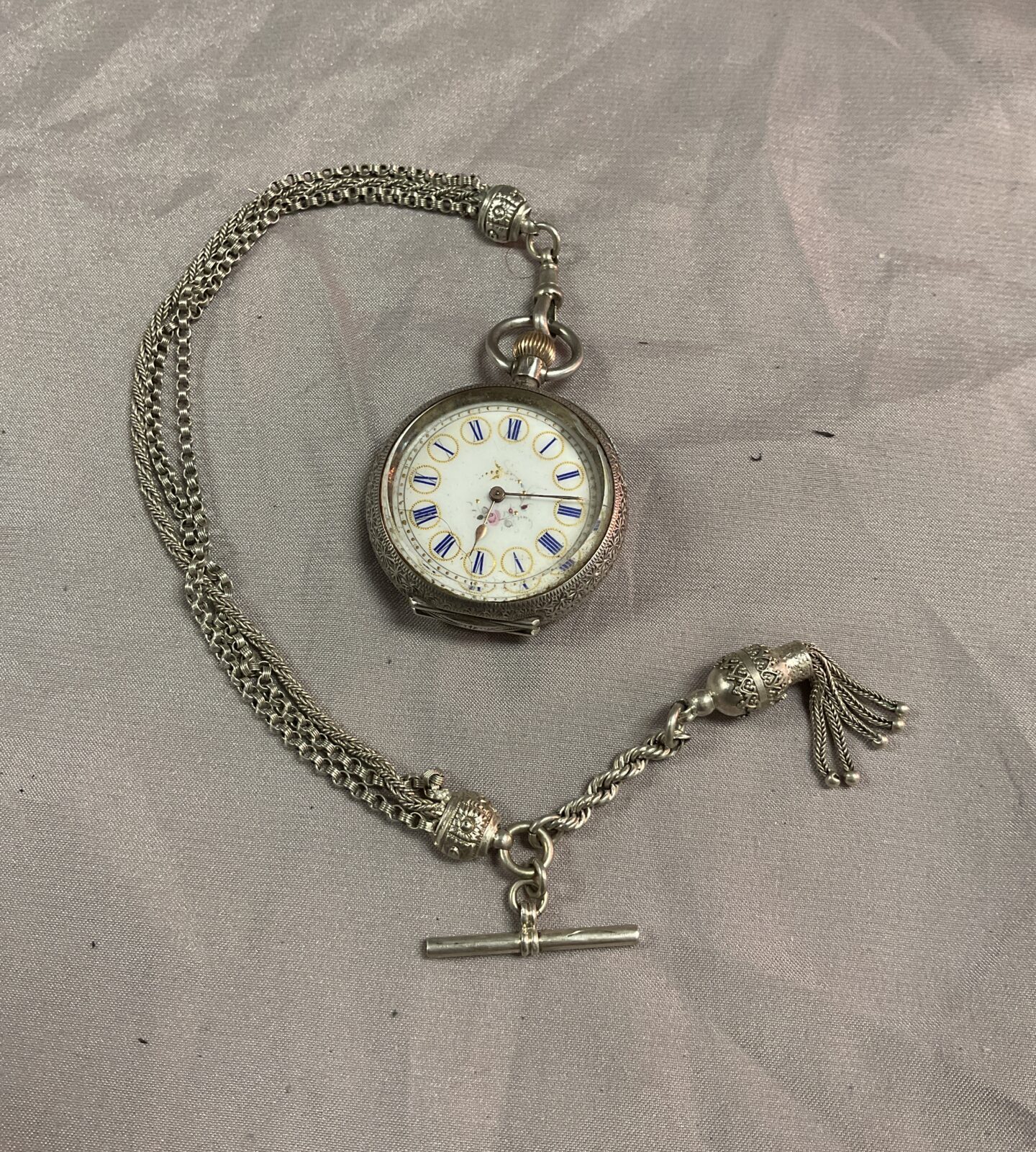 Antique 935 Silver Dimier Freres and Co Swiss ladies pocket watch with Albert chain - Image 6