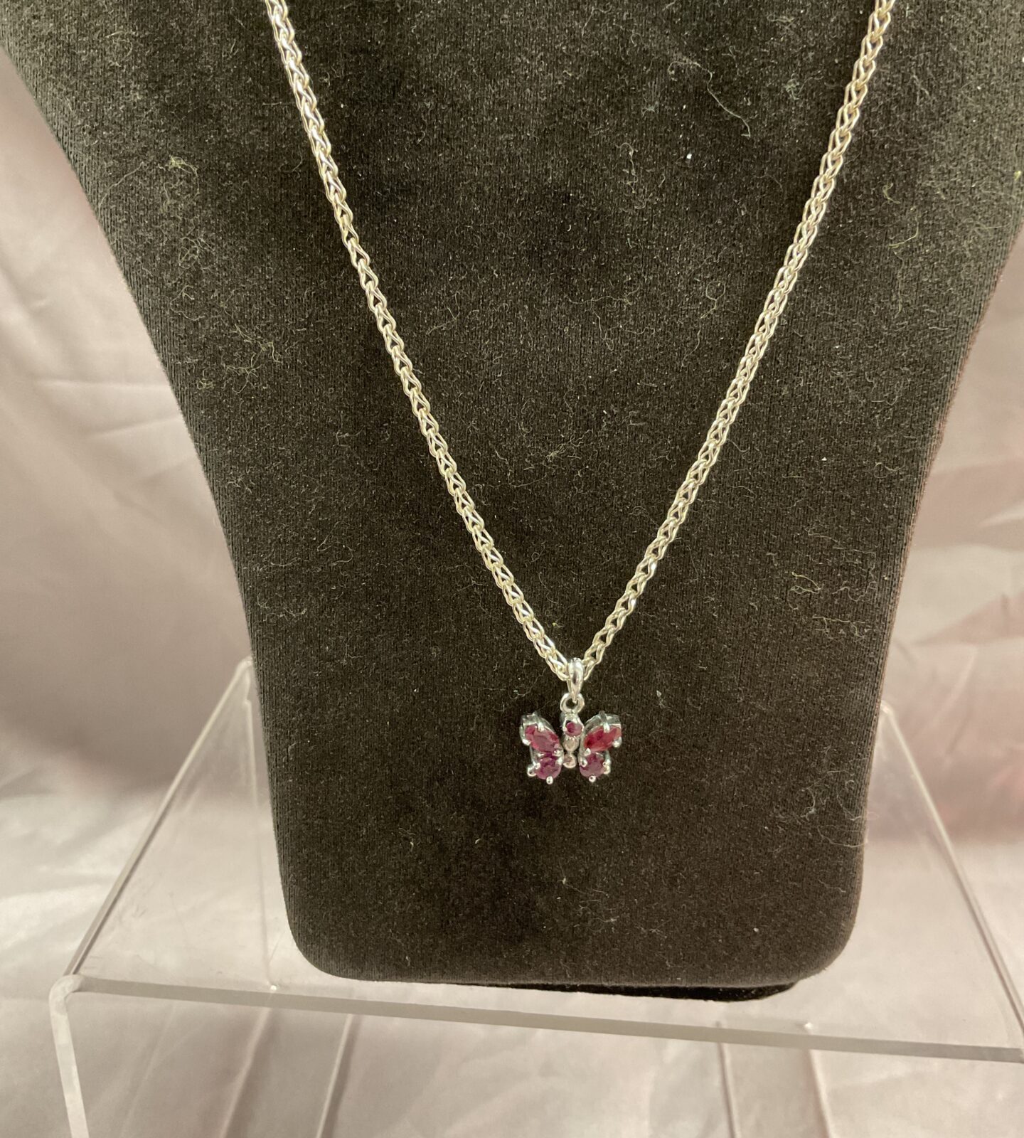 925 silver 18” Necklace with Garnet butterfly pendant