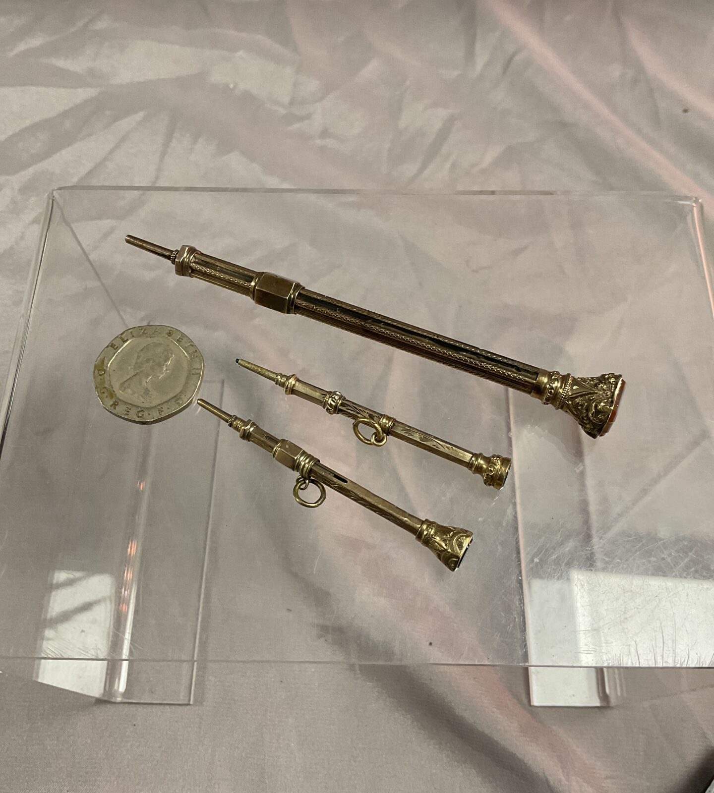 Two antique gilded  Chatelaine pencils and large gilded pencil