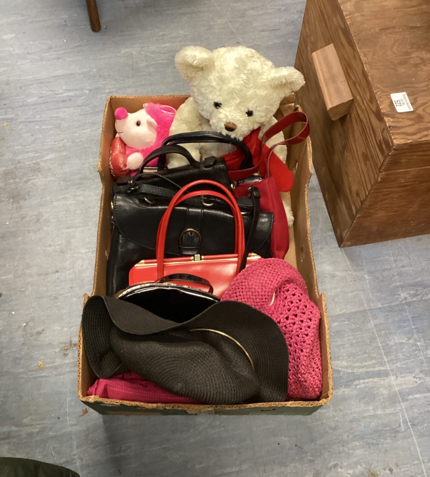 tray of mixed handbags & hats with teddy bears