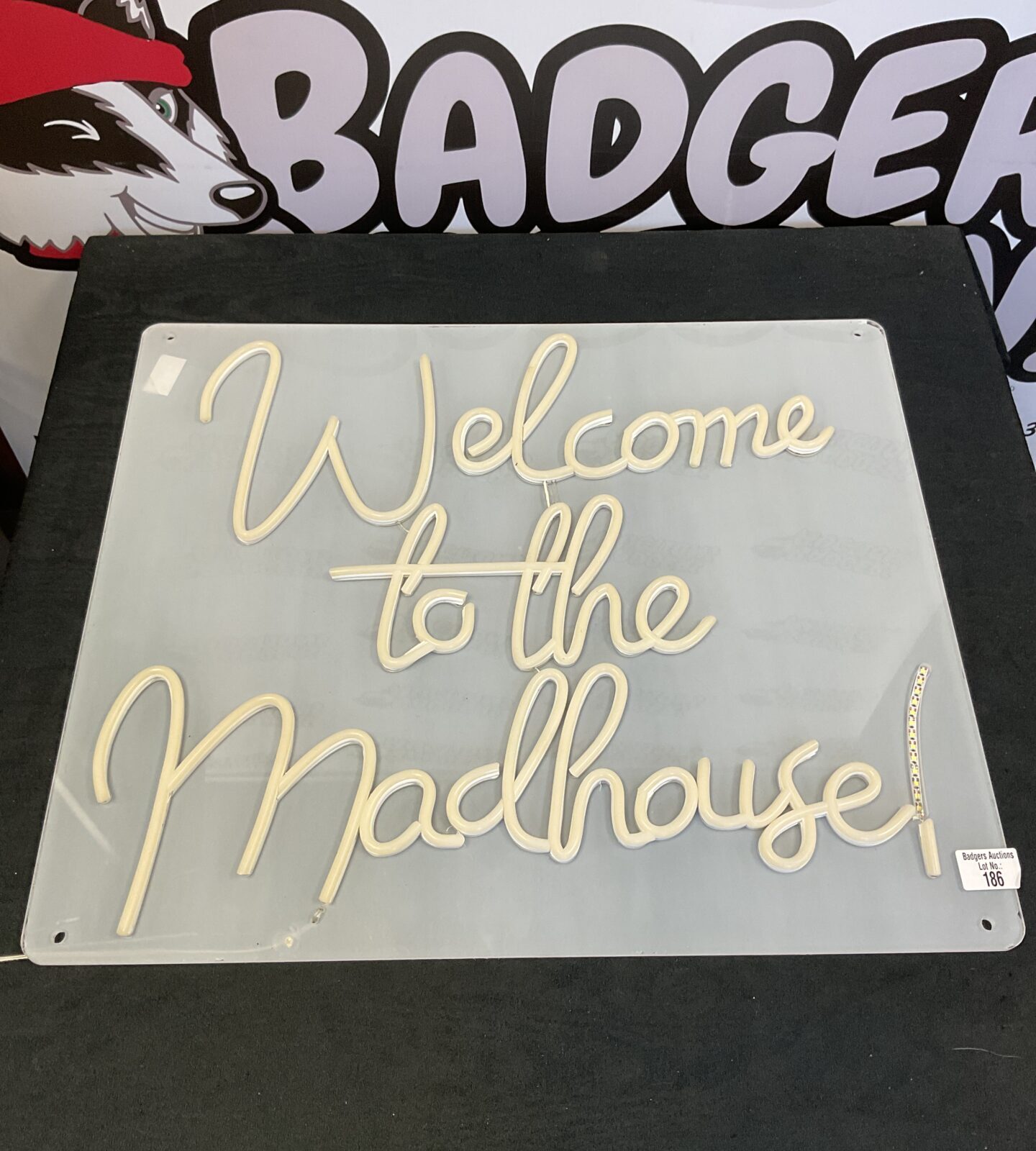 ‘Welcome to the madhouse’ neon sign