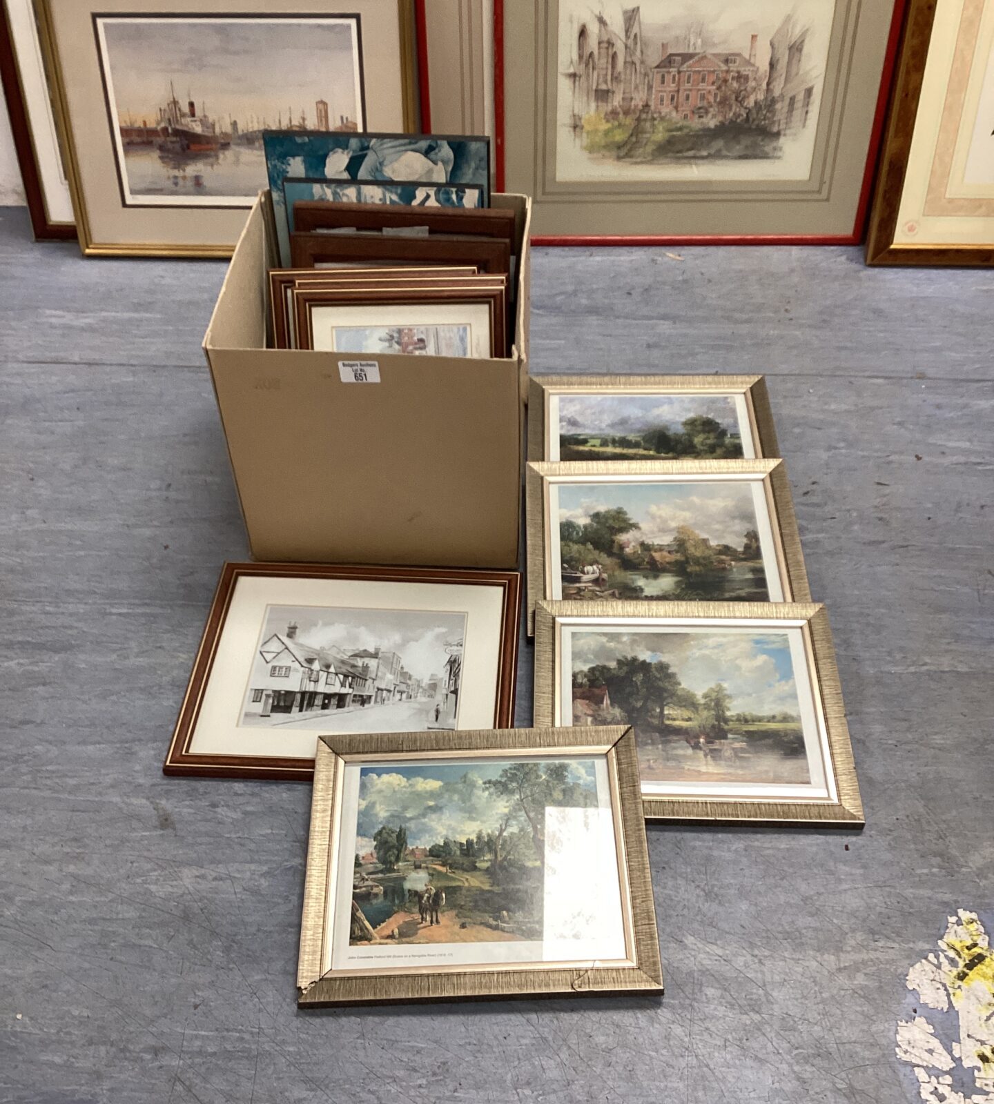 Box of framed prints & photographs including john Constable