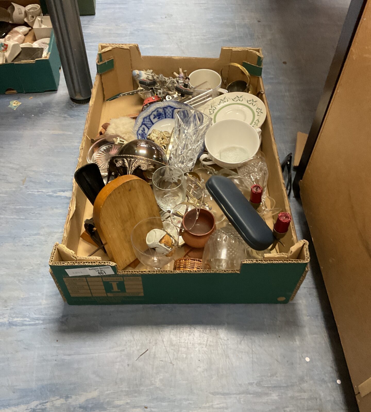 Box of mixed inc silverplate, glassware and a pewter