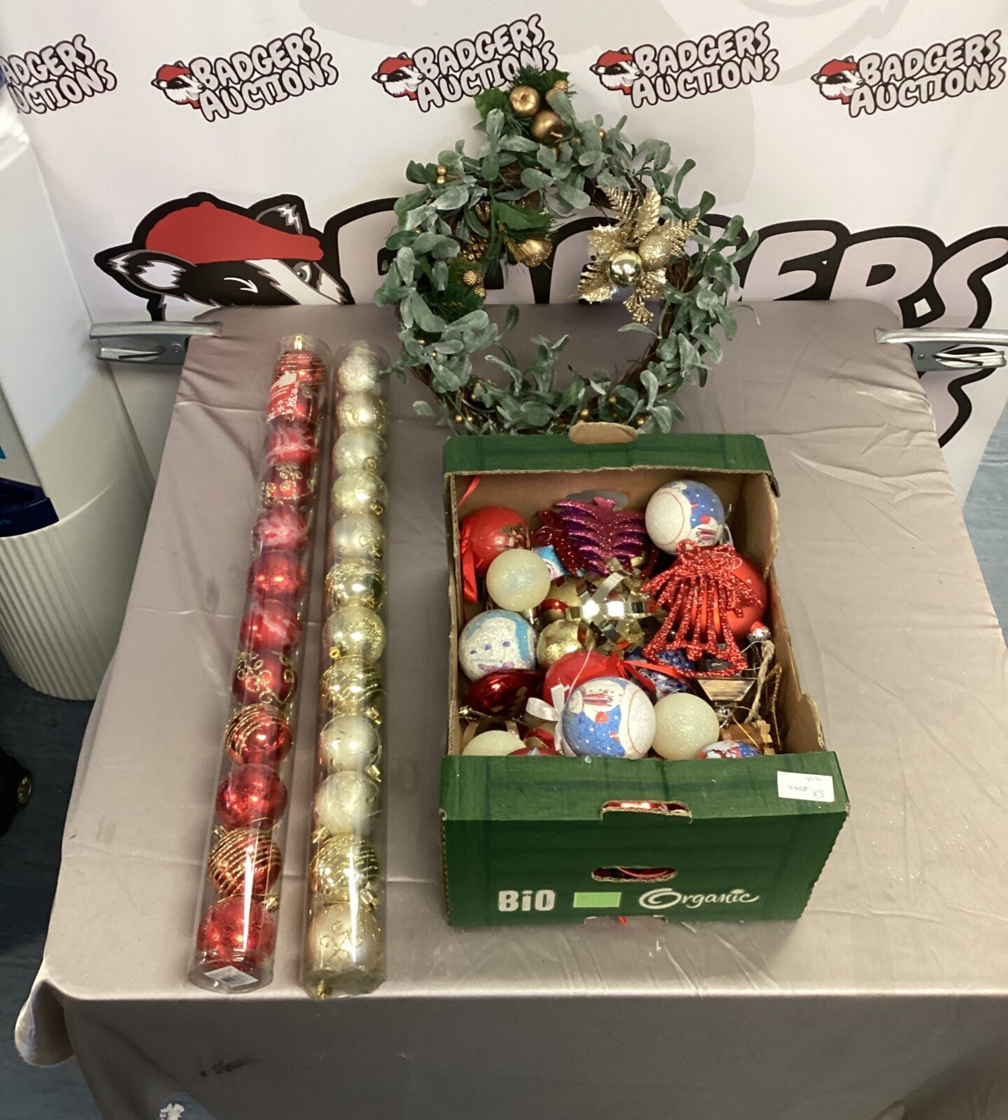 Box of baubles with two packs of red & gold baubles & wreath