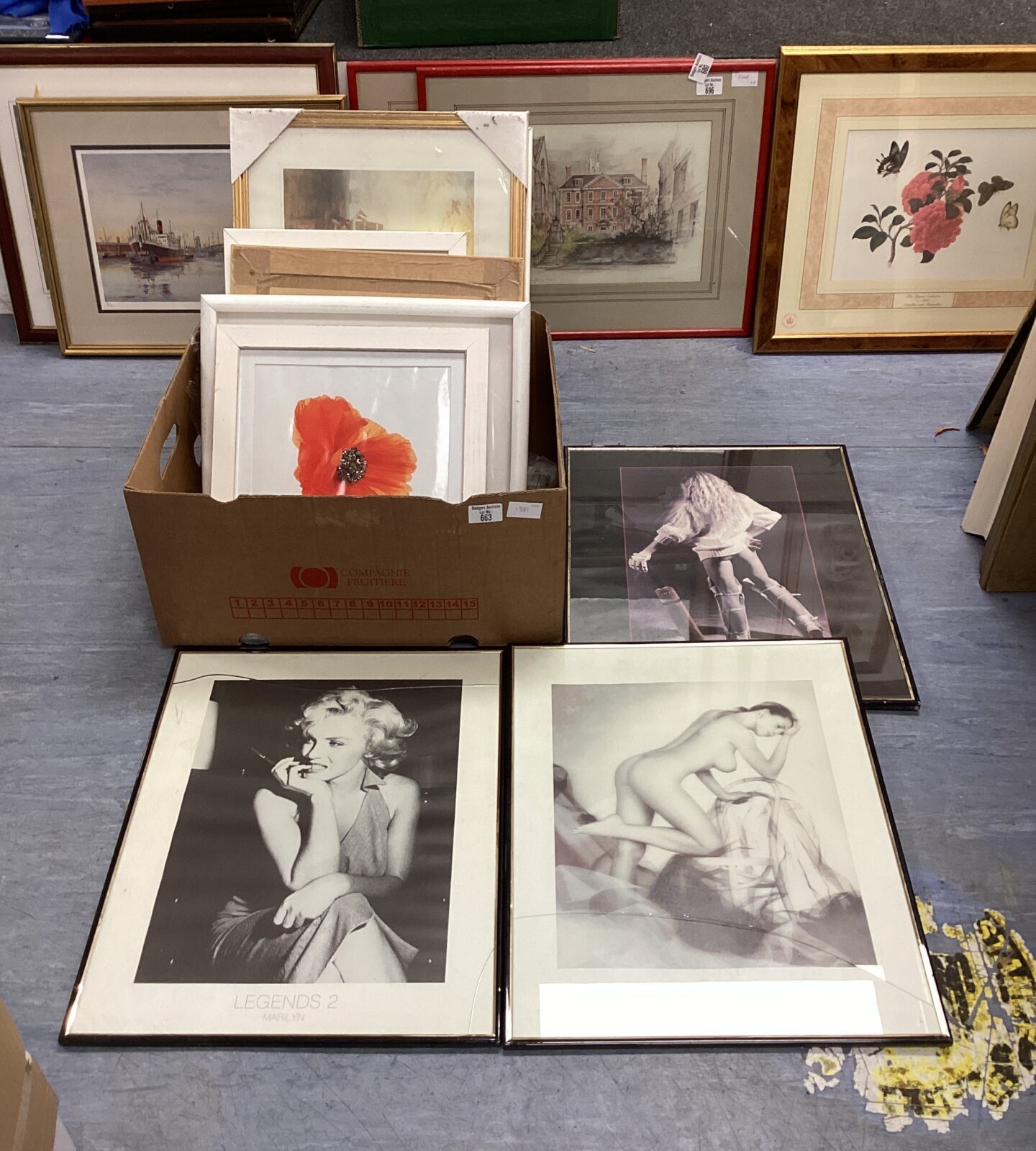 box of picture frames including three raunchy prints of glamour girls