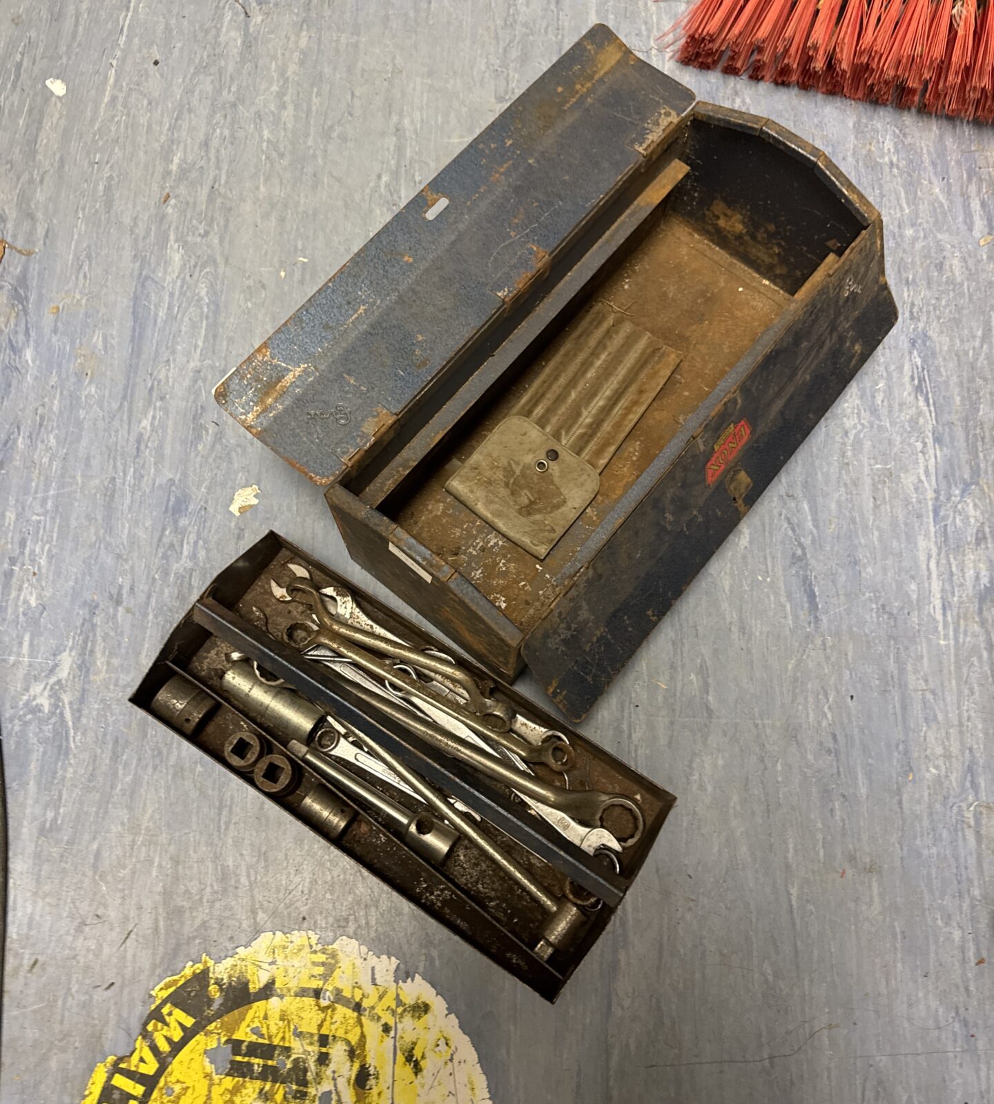 Vintage enox metal toolbox with contents