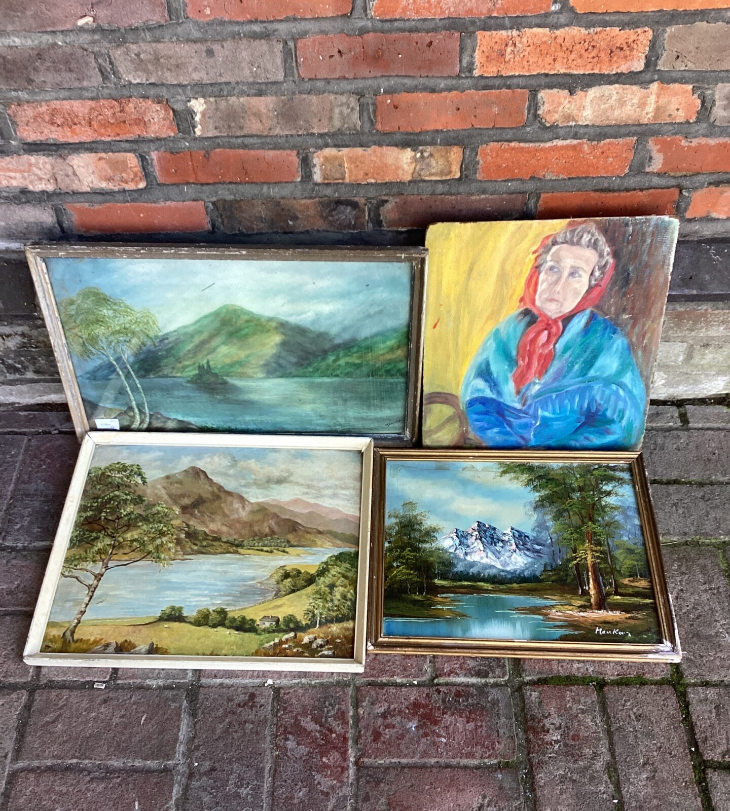 three framed country scene artworks & one of lady