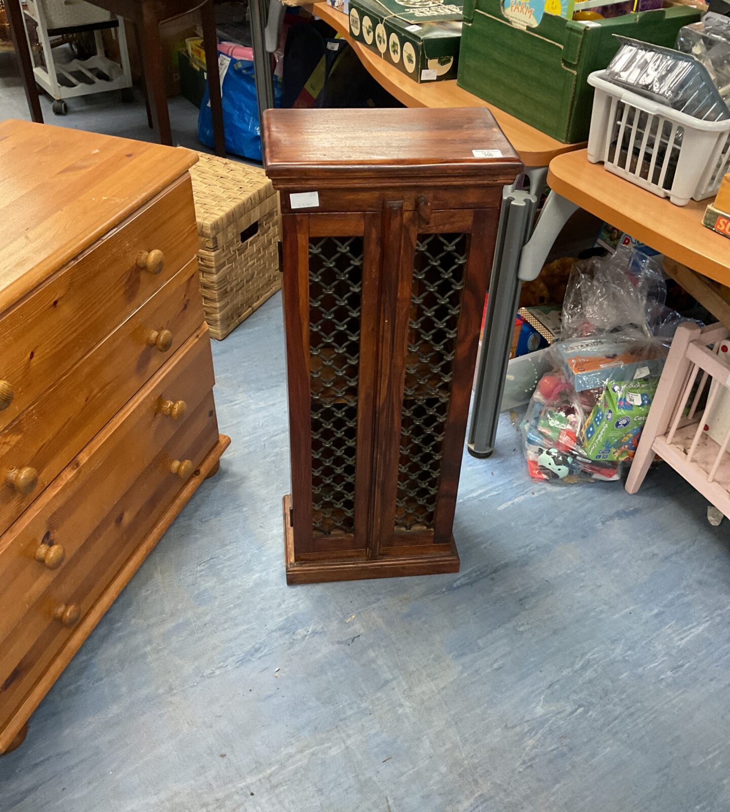 Solid oak cd rack with metal mesh front