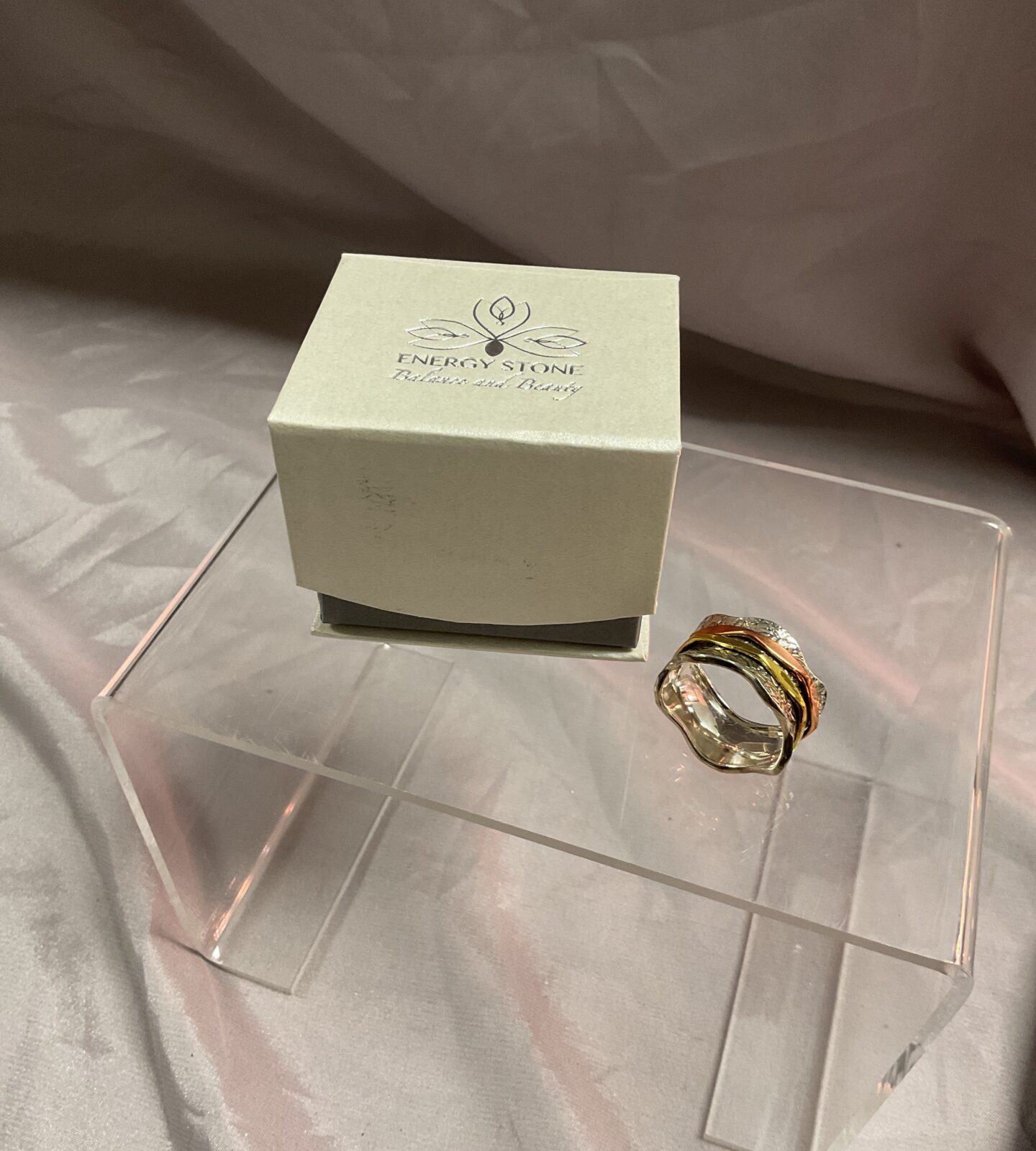 Energy stone Sterling Silver ring with brass and copper spinners size V