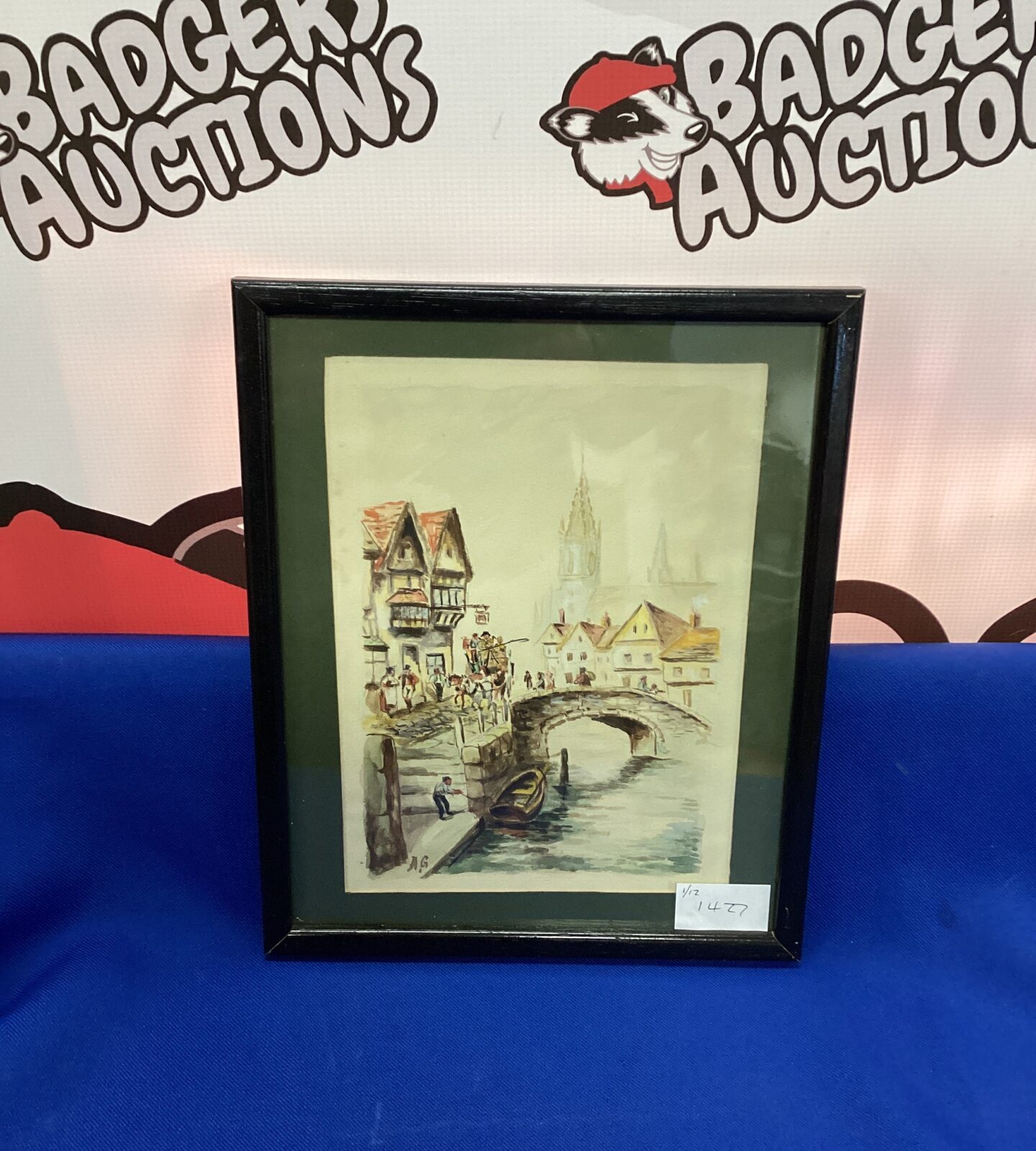 Small framed watercolour of a canal scene with church signed a g